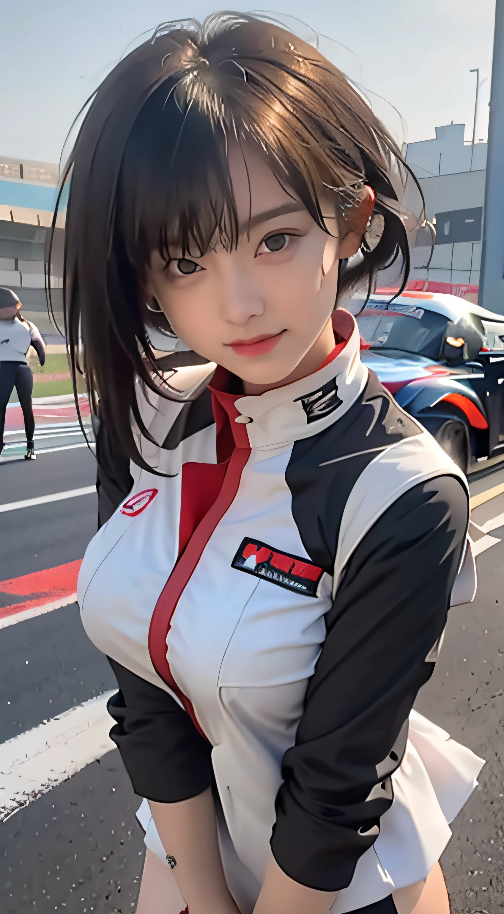 (RAW image quality:1.4)、8K分辨率、Ultra-high-definition CG images、Girl in blue dress, oppai, biomechanical oppai, loli in dress, oppai proportions, Ecchi, Big breasts!!, with a big chest, pixiv 3dcg, Big breasts!, (SFW) safe for work, Ecchi anime style, けもの, Seductive Girl, 1girl huge large breasts,、((top-quality)), ((masterpiece)), A smile, Pitch Resuit, Colossal tits, Puffy nipple, knee high, Naughty face, knee high white, Adult Woman, (cum in vaginas:1.3), cum in mouth, (Overflowing G-string:1.5), Sobbing tears, short-cut, Check mini skirt, l, Race Queen, A slender, masterpaintings, best qualtiy, Photorealsitic, ultra-detailliert, (shiny skins, perspired:1.4), Watch the crowd, With short black hair, Brown-eyed, slender, dynamic light and shadow, hight resolution, Sharp Focus, depth of view, The eyes are delicate, Sharp pupils, pupil realistic, (Colossal tits), A slender, (thick thight), outside of house, Skysky, Tight skirt, Short skirt, Grid Girl, underboob, Wear the grid_Girl costume printed with sponsor's logo, (Stand in a motorsport race)+, left hand on waist、circuit、(racecar:1.4)、Super GT、blurry backround、