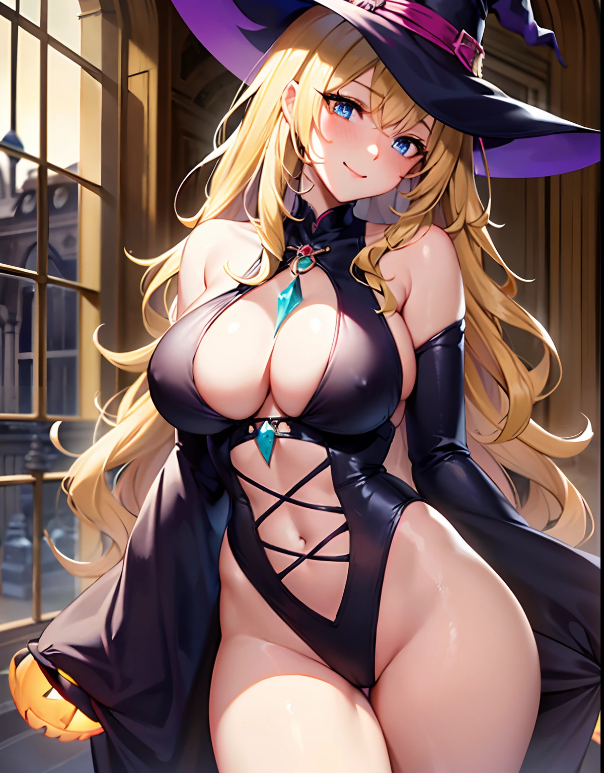 high-level image quality、top-quality、Beautuful Women、1 persons、ssmile、embarassed expression、pony tail hair、swim wears、knee high、Halloween Party、Halloween Cosplay、cinematlic lighting、Beautiful and perfect legs, Clean and perfect hands、Lots of jack-o'-lanterns,large full breasts, ((1 Beautiful Witch)), ((Blonde hair, long wavy hair with bangs,,,,,,,,,)) (((1 witch, Soio))) )) ((20yr old)) blue eyes, Have a very sexy body, Full chest and narrow waist, And a very sexy body,