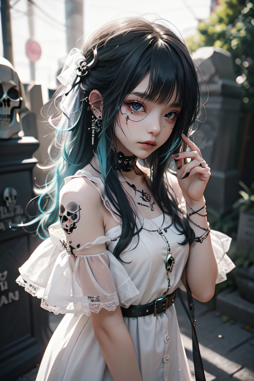 Adornos para el cabello、piercings、tatuaje、godo_punk, 1chica en, solo,、highest qualityr, fotorrealista, Unas ilustraciones ultrafinas, Hermosa chica de anime atractiva,(mini vestido:1.4), Miku hatsune, cuerpo delgado, cabello atado,(cabello rosado:1.4),a girl, A picture of a girl, Toma de cuerpo completo, Hermosos ojos azules:1.4, Convertido,arete、Adornos para el cabello、jewely、Miku hatsune、(fondo Skull Night Cemetery:1.4), motor irreal:1.4,UHD,La mejor calidad:1.4, fotorrealista:1.4, textura de la piel:1.4, obra maestra:1.8,(detailed:1.4),