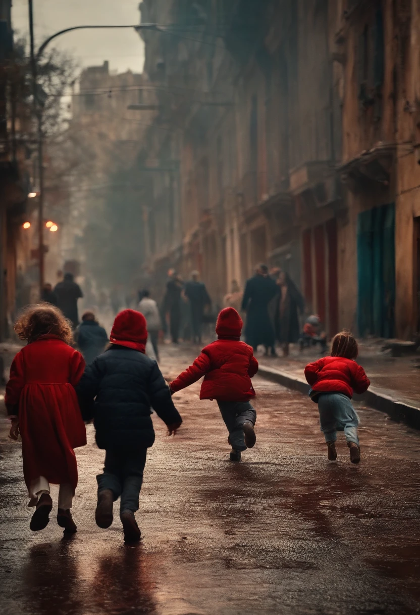 Guerra, blood on the ground, children running, Elderly people on the sidewalk of the city