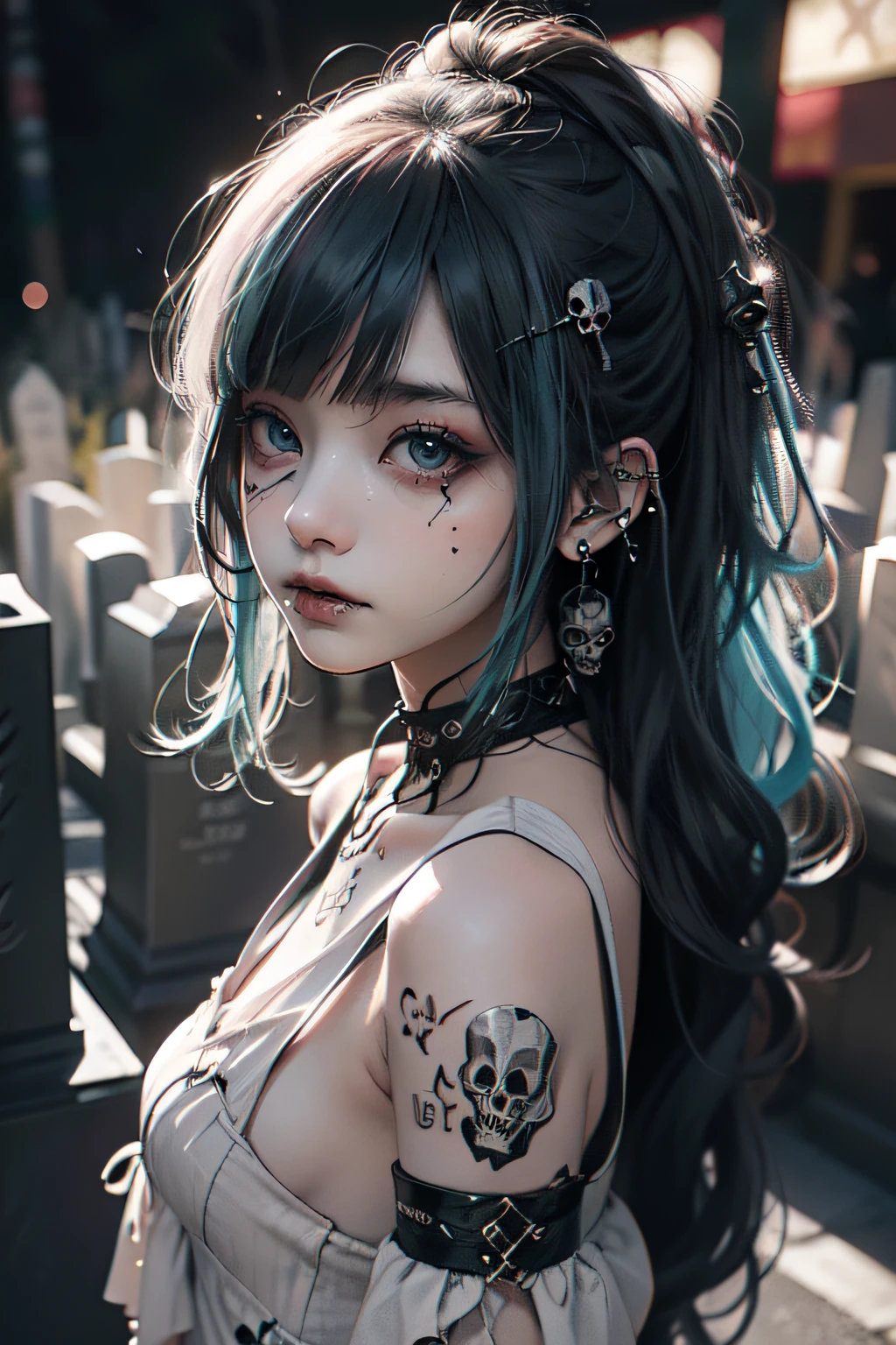 Adornos para el cabello、piercings、tatuaje、godo_punk, 1chica en, solo,、highest qualityr, fotorrealista, Unas ilustraciones ultrafinas, Hermosa chica de anime atractiva,(mini vestido:1.4), Miku hatsune, cuerpo delgado, cabello atado,(cabello rosado:1.4),a girl, A picture of a girl, Toma de cuerpo completo, Hermosos ojos azules:1.4, Convertido,arete、Adornos para el cabello、jewely、Miku hatsune、(fondo Skull Night Cemetery:1.4), motor irreal:1.4,UHD,La mejor calidad:1.4, fotorrealista:1.4, textura de la piel:1.4, obra maestra:1.8,(detailed:1.4),