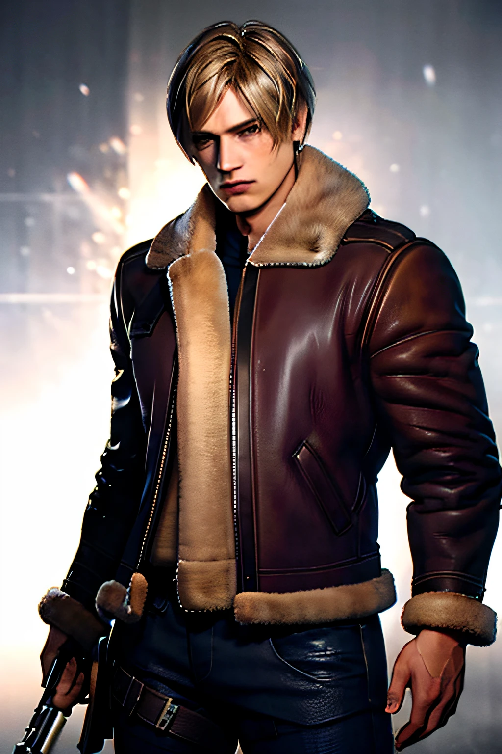 1boy, cowboy shot of re4leon, leather jacket with fur trim, long sleeves, black jeans, volumetric lighting, athletic, best quality, masterpiece, intricate details, tonemapping, sharp focus, hyper detailed, trending on Artstation, looking at viewer, realistic
