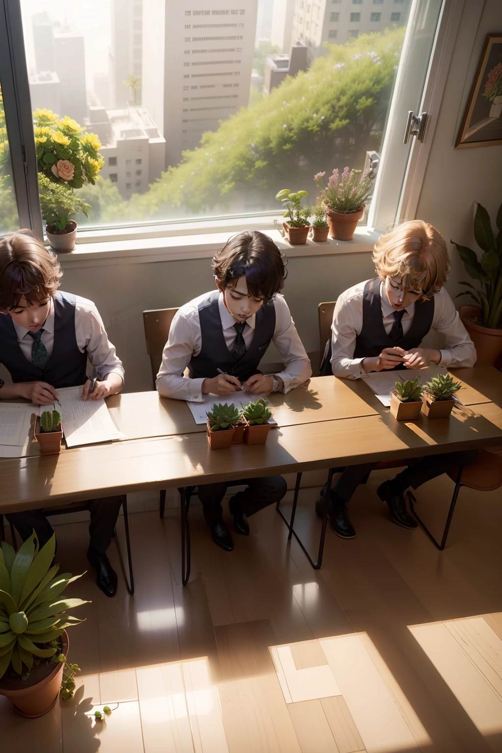 Four boys looking at succulents on the table,office room,Lots of space inside,Intricate details,The look of being busy at work,Warm sunshine,freshen。