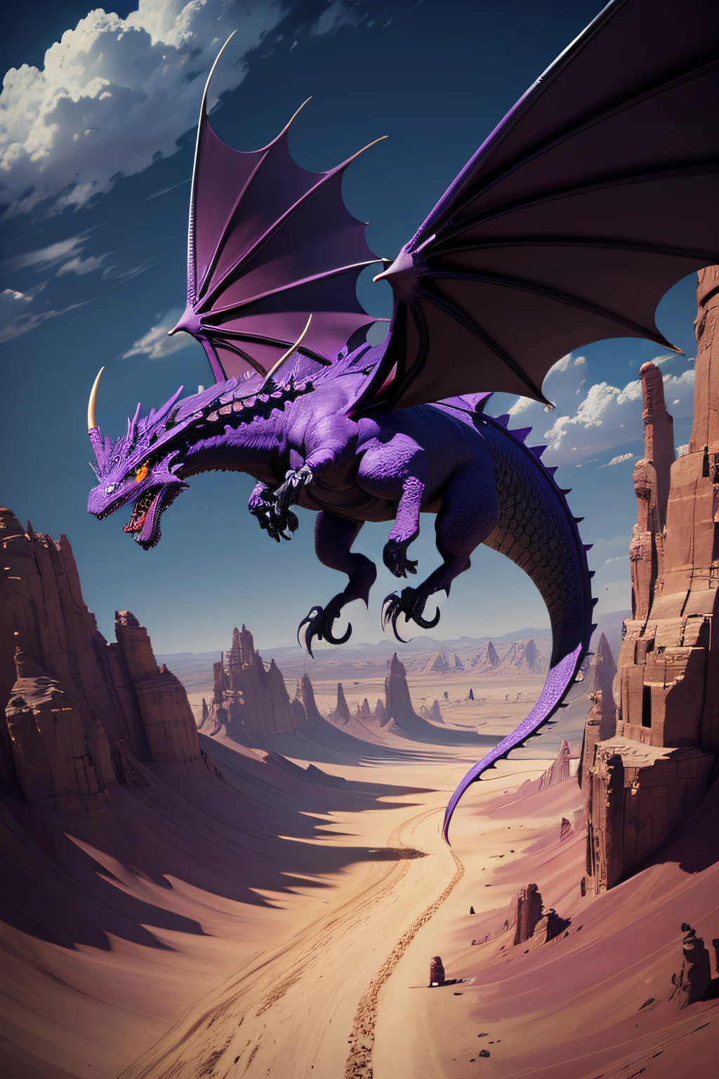 Dark purple wind dragon flying in the desert