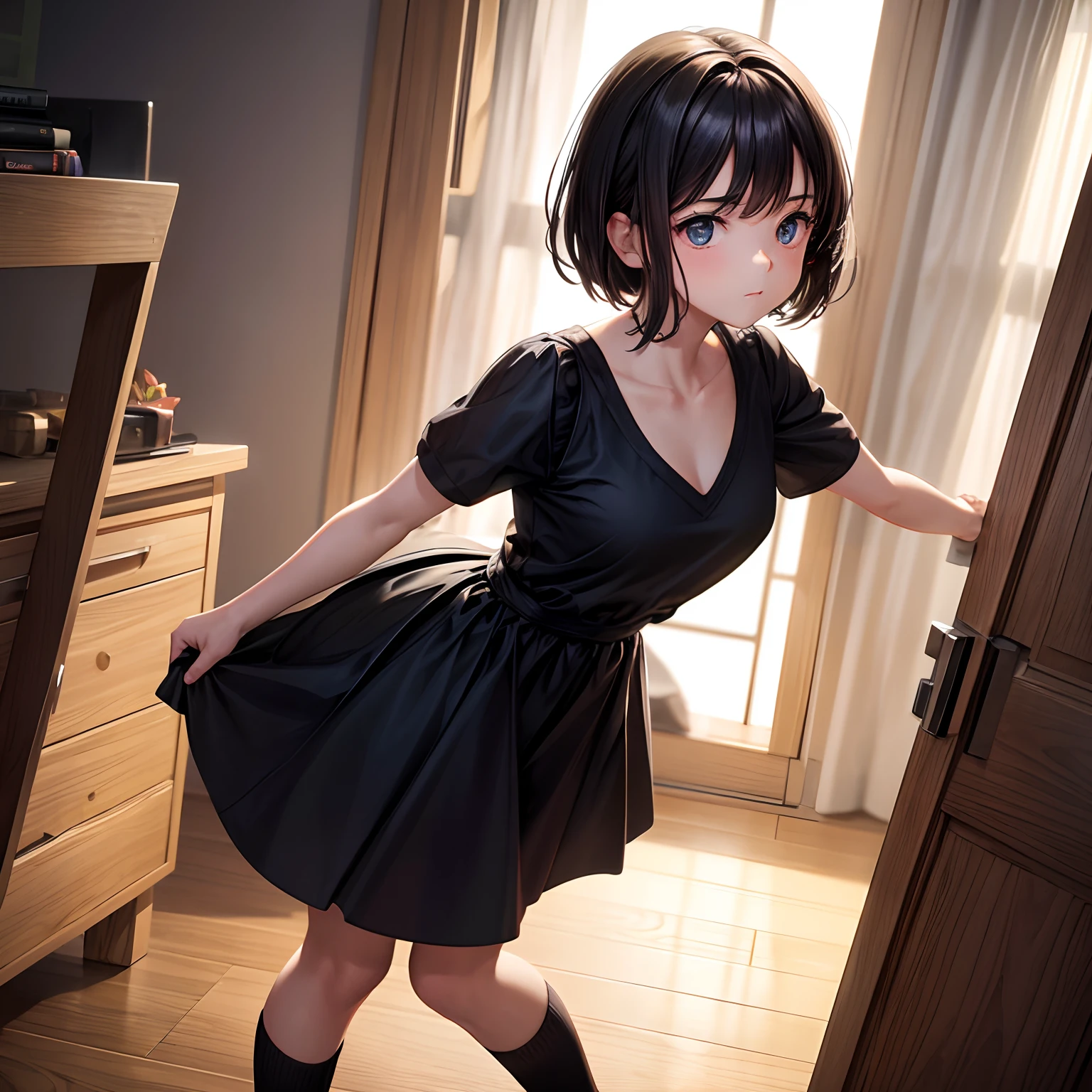 ((-yeld pr), Tiny black dress with a V-neck, Black waist-length socks, salto alto, decote nos seios, inclinando-se para a frente, foto de seus seios no rosto, pele muito clara, short hair, Centro comercial, fotorrealista, Indirect lighting, volumetric light, ray tracing, hiperdetalhado,homem apertando sua bunda,