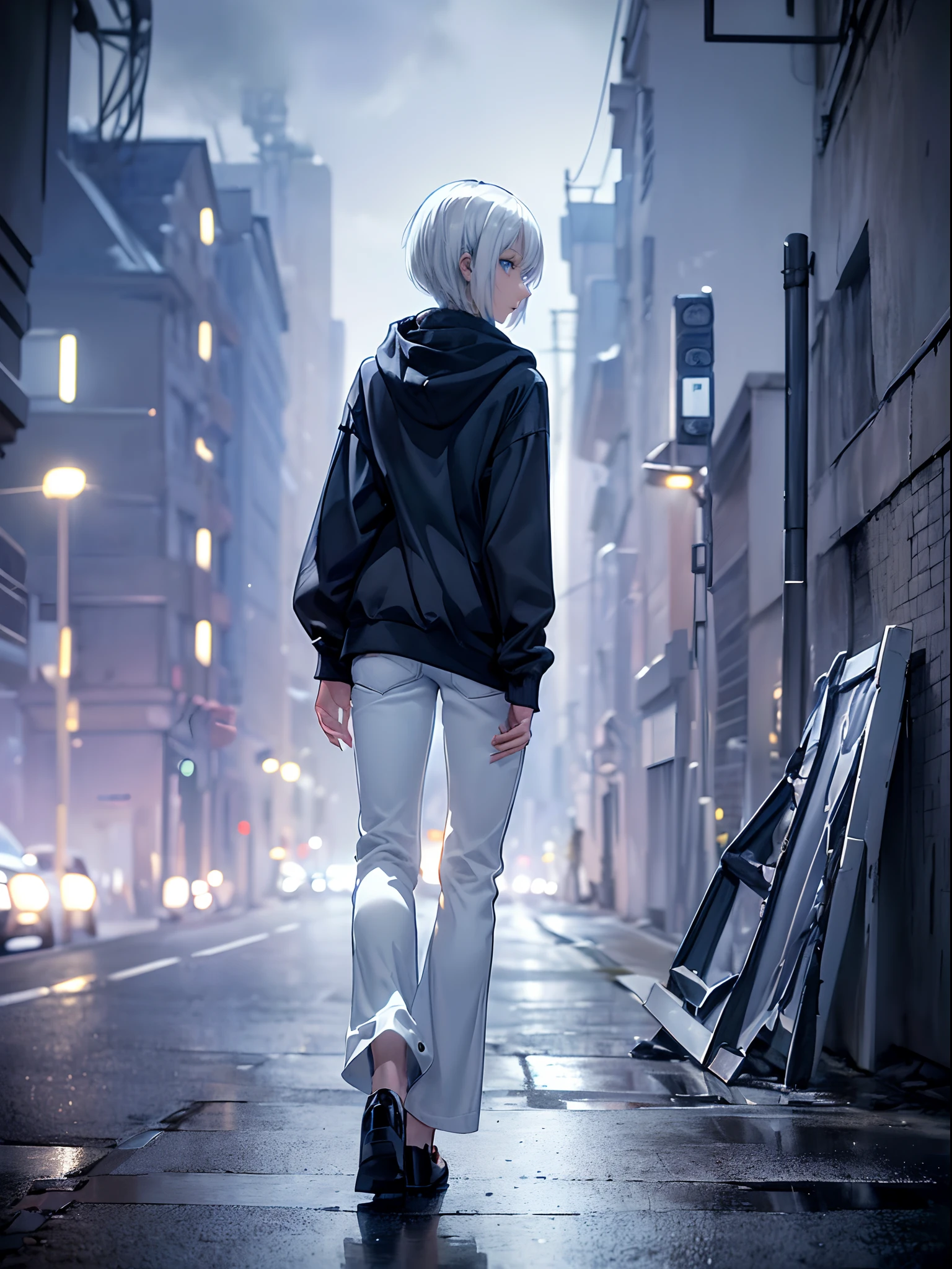 ((4K works))、masterpiece、(top-quality)、One Beautiful Girl、Slim body、tall、((Black Y-shirt and white pants、Charming street style))、Please wear one jacket、Wearing a hood to hide his face、(Detailed beautiful eyes)、Midnight Walk、During the walk、((Walking under a dark sky))、saddened、suffocating、desolate、Solitude、((Pitch black night road))、((Face similar to Carly Rae Jepsen))、((Short-haired white hair))、((Smaller face))、((Neutral face))、((Bright blue eyes))、((American adult women))、((Adult female 26 years old))、((cool lady))、((Like a celebrity))、((Korean Makeup))、((elongated and sharp eyes))、((Happy dating))、((boyish))、Professional Photos、((Shot alone))、((He is on a walk))、((He is walking in front of the viewer))、((Shot so that the back of the head and back are visible))、((photographed from the back))、((He is facing forward and、I can't see my face))、horor