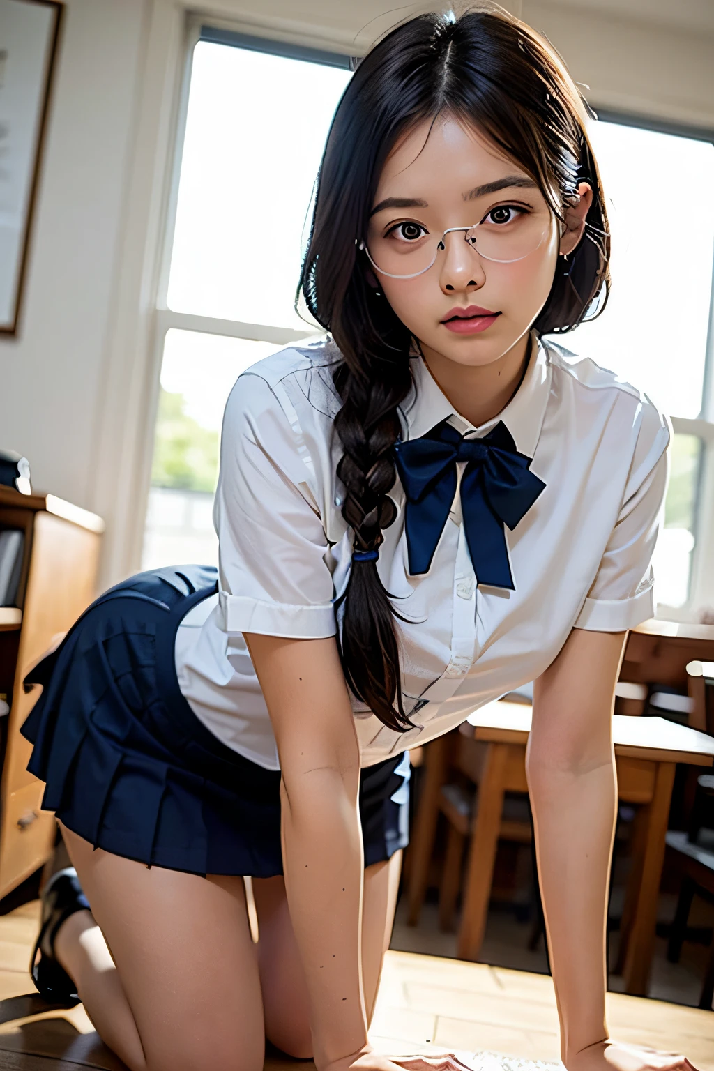 masutepiece, precise, extremely high detail, top-quality, one girls,18year old, kawaii:1.3, A dark-haired, Braids, Black eyes,small head, tre anatomically correct, in school uniform, White shirt, Blue miniskirt,Red bow tie, large full breasts:1.3, A slender, healthy,sexy  pose,all-fours, Small flower hairpin,eye glass,low  angle shot, nffsw