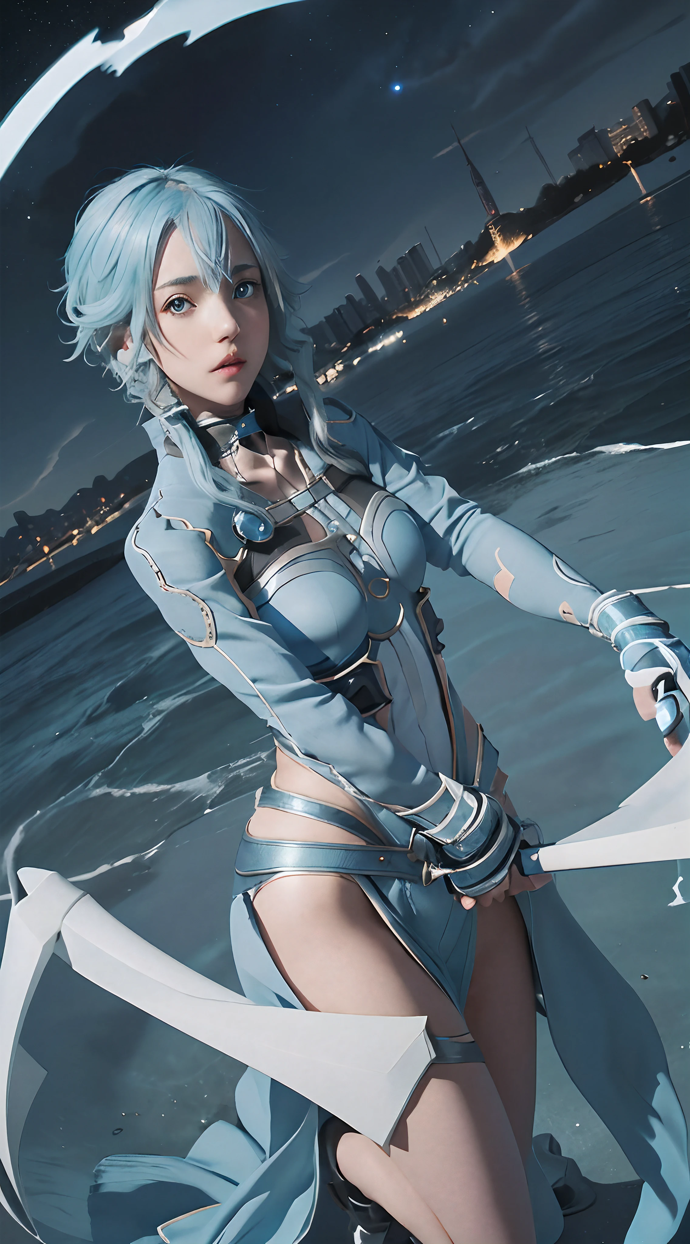 Beautiful girl, (random pose), ((High res, high quality, masterpiece, intricate detail, Best Shadow)), (front view:1.5), (symmetrical view:1.5), ((depth of fields)), detail photography, master of photography, colorfull, focus female (1girl), a women with light blue hair and wearing silver armor and dark blue clothing, hair between eyes, Sinon Solus, Sinon, Sinon Solus from Sword Art Online, detailed texture skin, night sky background, full body, detailed eyes, smooth skin, realistic skin, beautiful blue eyes, ultra detail, absurd, abstract, cinematic, cinematic light, Ultra HD 8K, realstic