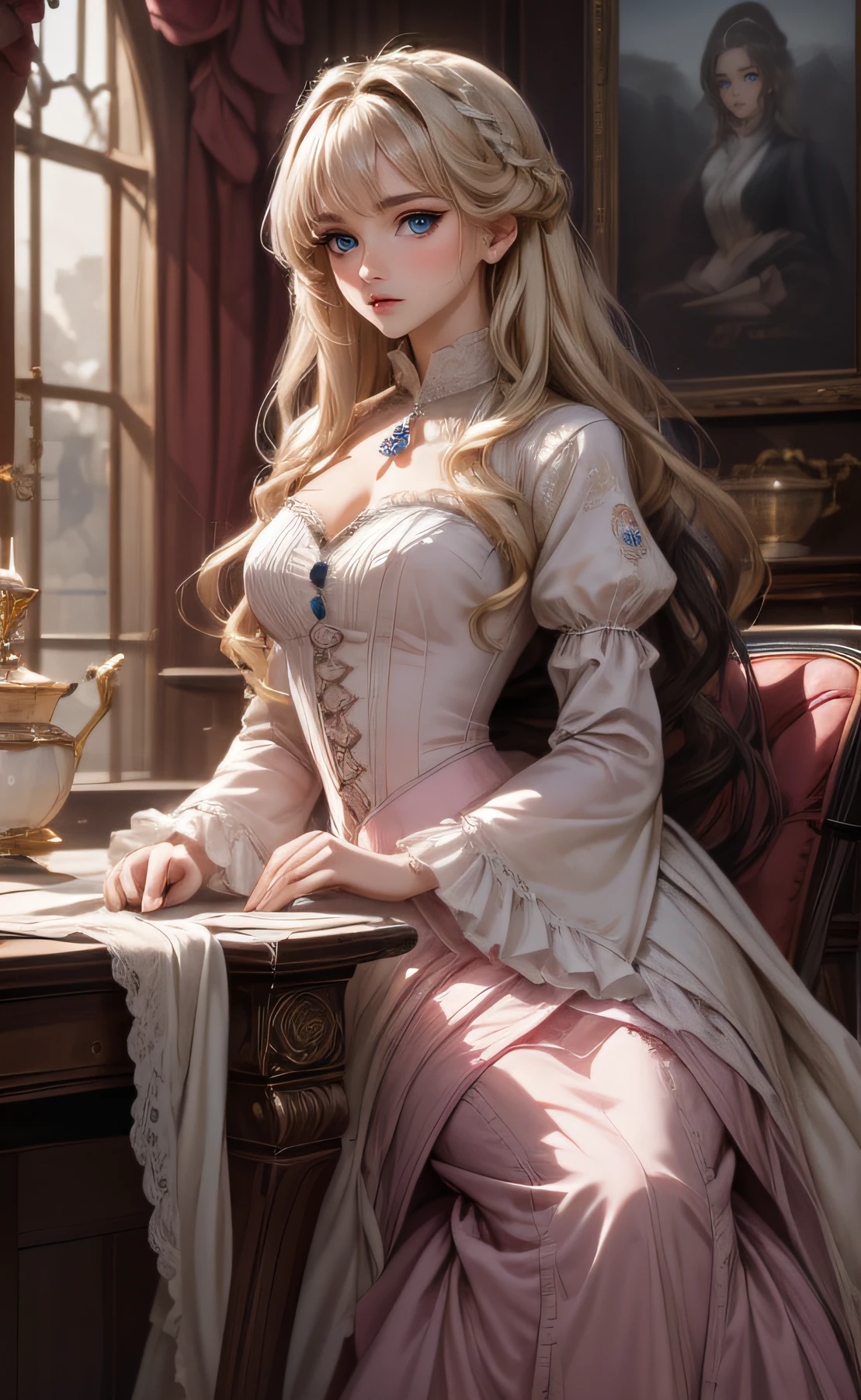 (masterpiece,best quality,ultra_detailed,highres,absurdres) (detailed shadow) (quality light),1 (mature) female, 17, female focus, solo, long blonde hair , blue eyes (detailed eyes), full body, long flowy hair, looking at viewer, lively, fantasy, noblewoman, victorian era background (detailed background), pink gown, front facing