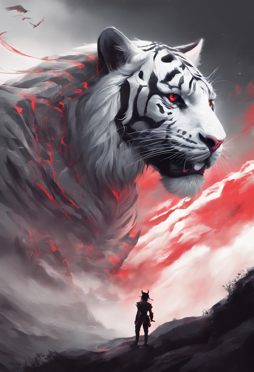 chinese style,Chinese mythology,White Tiger,roar,wild,Colossal,Red glowing eyes,Glow effect,High hills,cloud,night,中景The scene is,Full body like, Highly detailed Surreal VFX,OC Display, - AR16:9 - Q 2 - 1000 seconds