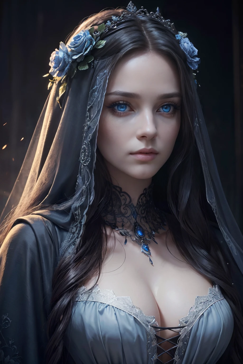 (best quality,4k,8k,highres,masterpiece:1.2),ultra-detailed,(realistic,photorealistic,photo-realistic:1.37),intricate clothing,flowy hair,blue eyes,queen of the dead,grim reaper,women,female figure,beautiful detailed eyes,long eyelashes