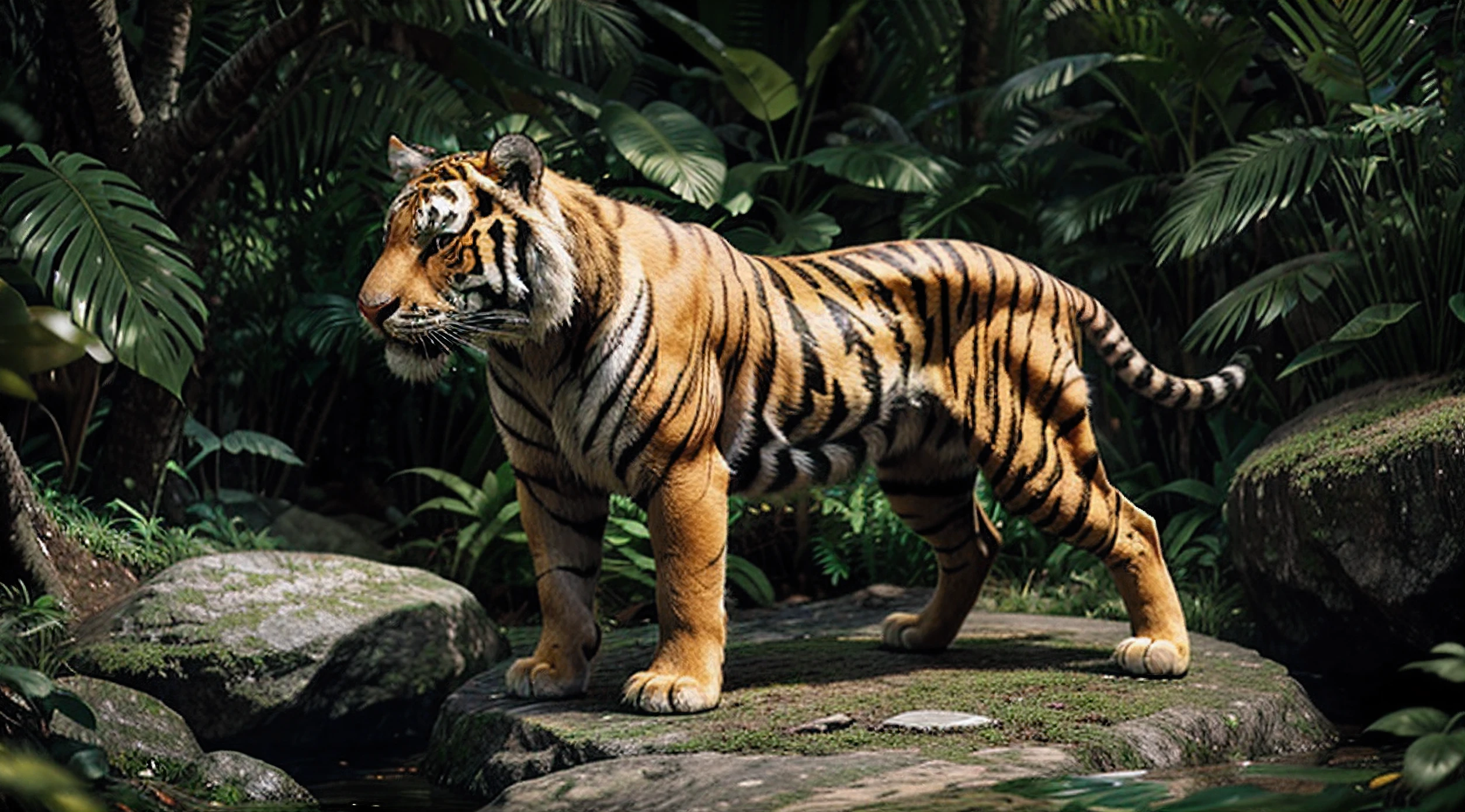 A majestic tiger is depicted in a tranquil environment, surrounded by lush vegetation and dappled sunlight filtering through the dense jungle canopy. The tiger's striped fur glistens with a sheen under the gentle rays, as it stands tall and proud atop a moss-covered rock. This still image portrays the tiger in the Pixar 3D style, capturing every intricate detail and lifelike expression of the magnificent creature.