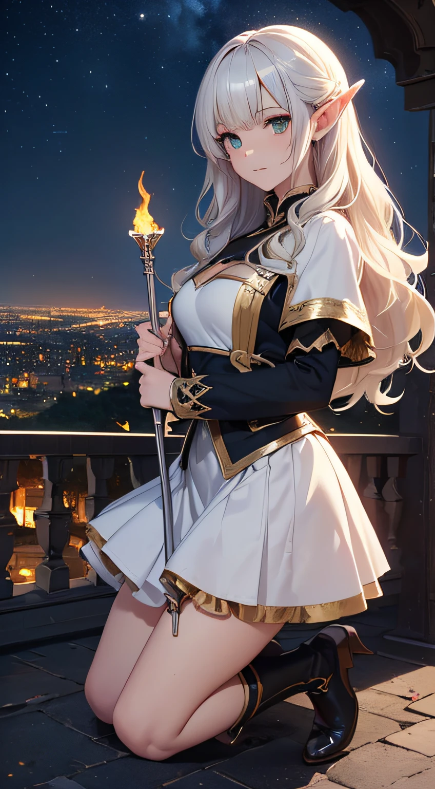 (Official art、Best Quality、Unity 8k Wallpapers、32K、masterpiece、ultra-detailliert、超A high resolution、realisitic、Photorealsitic:1.2)、(Cinematic lighting:1.2)、Fireglow effect、film grains、Best Shadows、Rim lighting、side lights、sideshot、(Ultra-detailed and complex 3D rendering)、Detailed beautiful face and eyes、Sharp pupils、Realistic pupils、A slender、1Man Woman、Medium bust、(Full body:1.2)、 beauitful face、-yeld beiful girl、(super detailed skin、detailed skin textures:1.3)、(platinum-blonde、Silver hair:1.3)、waved hair、Blunt bangs、green colored eyes、elf-ears、magical girl costume、A slender、white shirt、Costumes with frills、frills skirt、knee sox、(thighs thighs thighs thighs:0.8)、Black boots、(Fantastic and beautiful night sky、Medieval city at night、On the roof:1.2)、(Human soul in the night sky、Fantastical:1.3)、(carrying a magical staff:1.3)、(Looking away、overlooking a city:1.3)、Fantastical、Gentle smile、I opened my mouth a little、