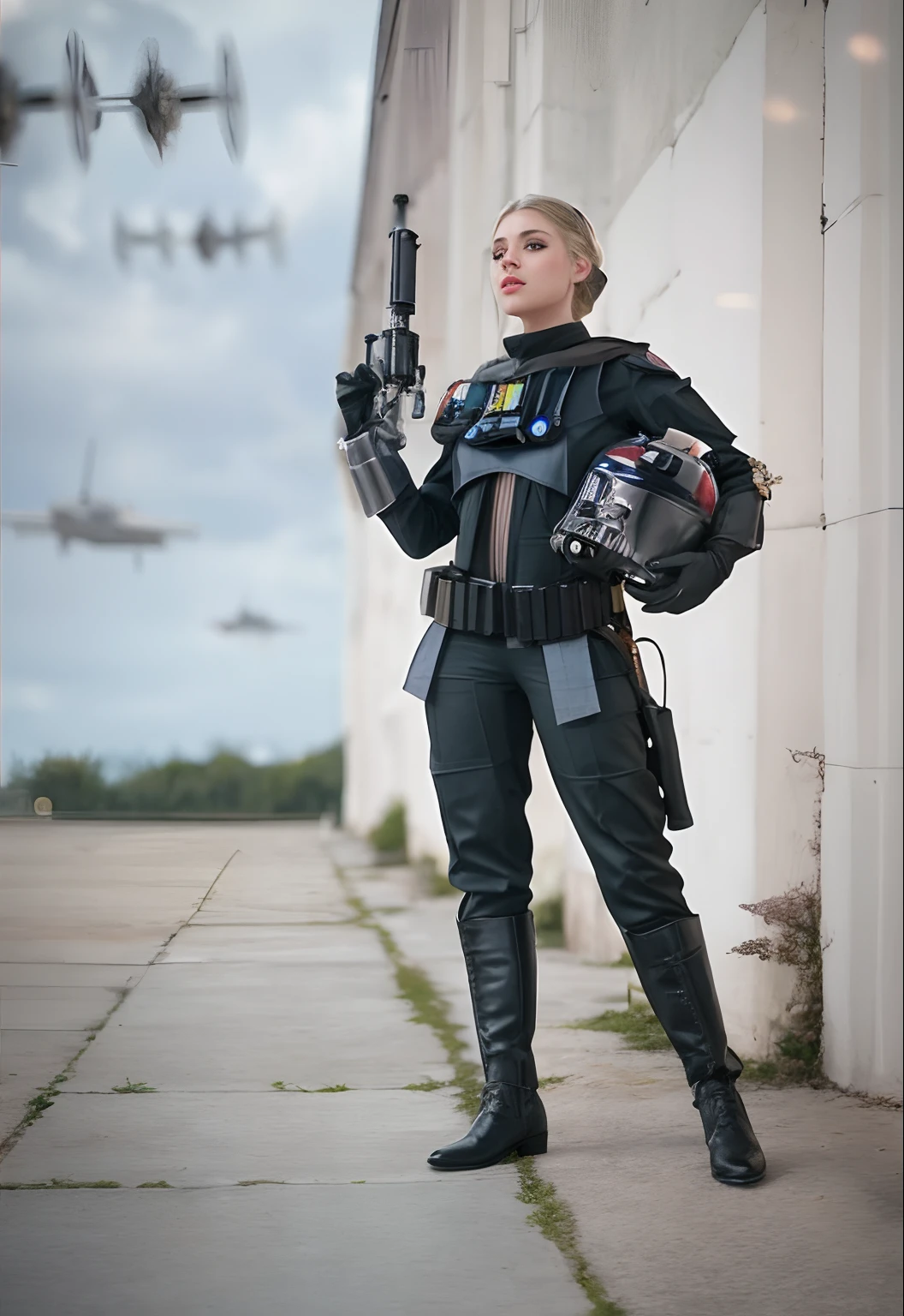 Young woman 20 years old blonde, ojos verdes, pelo liso cola de caballo, pecas, rostro dulce, cuerpo entero, ultrarealista, foto realista, vestida con traje de piloto tie fighter de star wars, voluptuosa, caderas anchas, cintura estrecha, 32k, cinematografic.