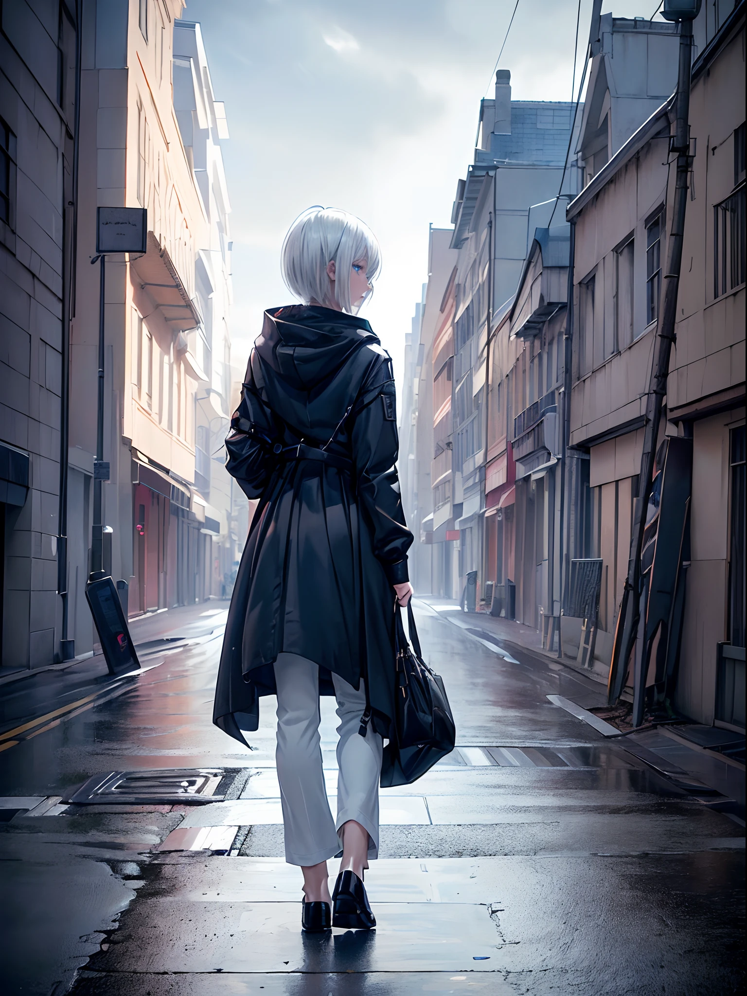 ((4K works))、masterpiece、(top-quality)、One Beautiful Girl、Slim body、tall、((Black Y-shirt and white pants、Charming street style))、Please wear one jacket、Wearing a hood to hide his face、(Detailed beautiful eyes)、Midnight Walk、During the walk、((Walking under a dark sky))、saddened、suffocating、desolate、Solitude、((Pitch black night road))、((Face similar to Carly Rae Jepsen))、((Short-haired white hair))、((Smaller face))、((Neutral face))、((Bright blue eyes))、((American adult women))、((Adult female 26 years old))、((cool lady))、((Like a celebrity))、((Korean Makeup))、((elongated and sharp eyes))、((Happy dating))、((boyish))、Professional Photos、((Shot alone))、((He is on a walk))、((He is walking in front of the viewer))、((Shot so that the back of the head and back are visible))、((photographed from the back))、((He is facing forward and、I can't see my face))、horor