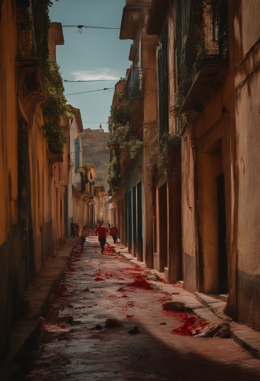 Guerra, blood on the ground, children running, corpos mortos,  Elderly people on the sidewalk of the city. Cidade toda destruida com marcas de tiro