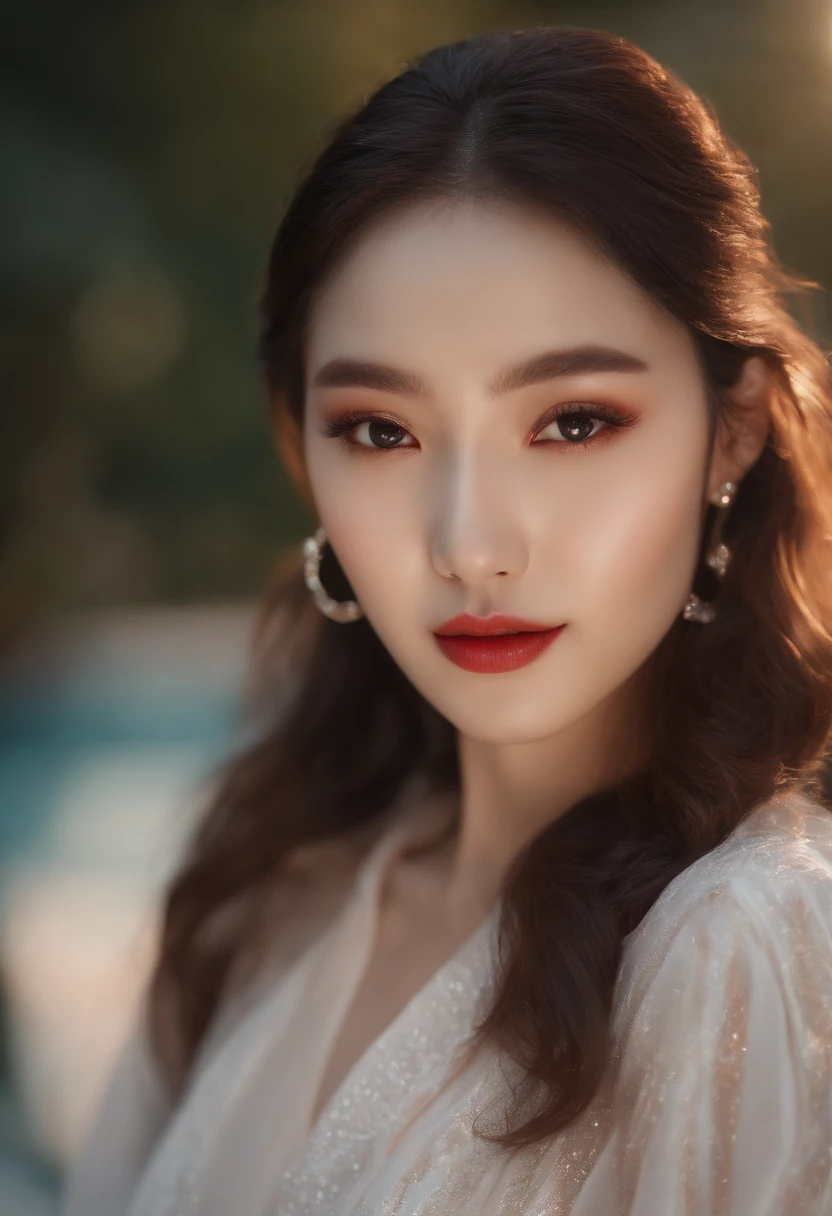 (8k, RAW photo, photorealistic:1.25) ,( lipgloss, eyelashes, gloss-face, glossy skin, best quality, ultra highres, depth of field, chromatic aberration, caustics, Broad lighting, natural shading,Kpop idol) looking at viewer with a serene and goddess-like happiness,