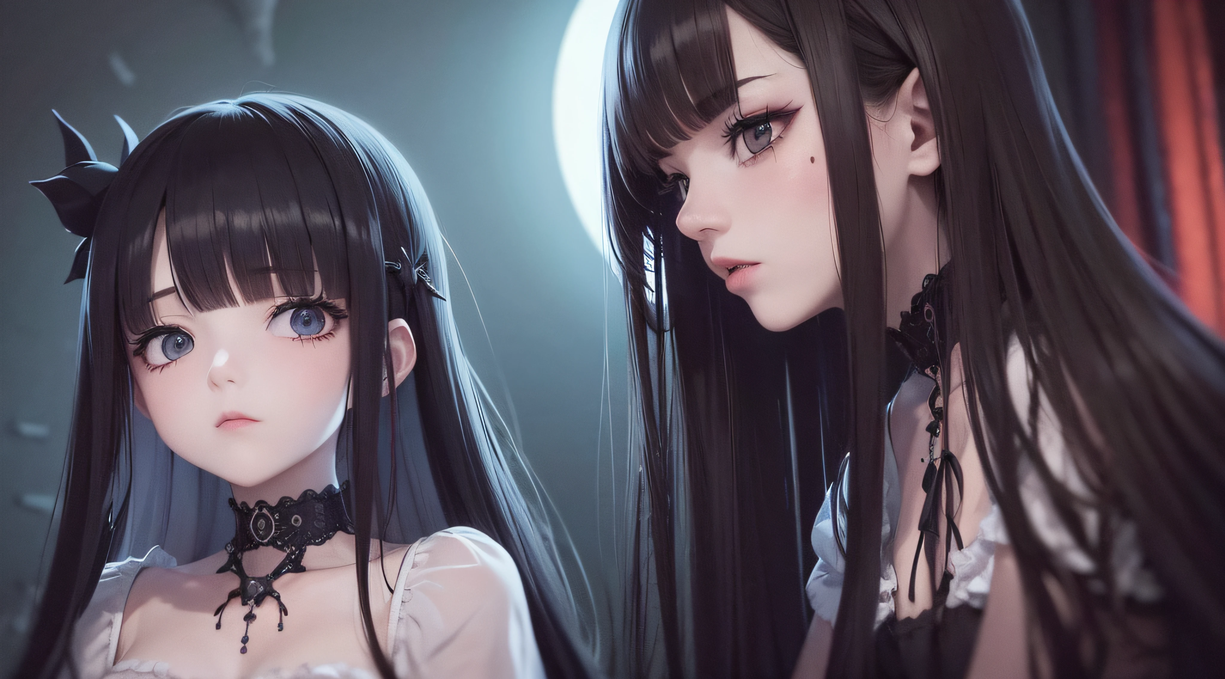 (obra prima) (perfection) (ultrarealista) (sem defeitos) casal menina de anime, cabelos ruivos, seios grandes, lindas, noite, festa