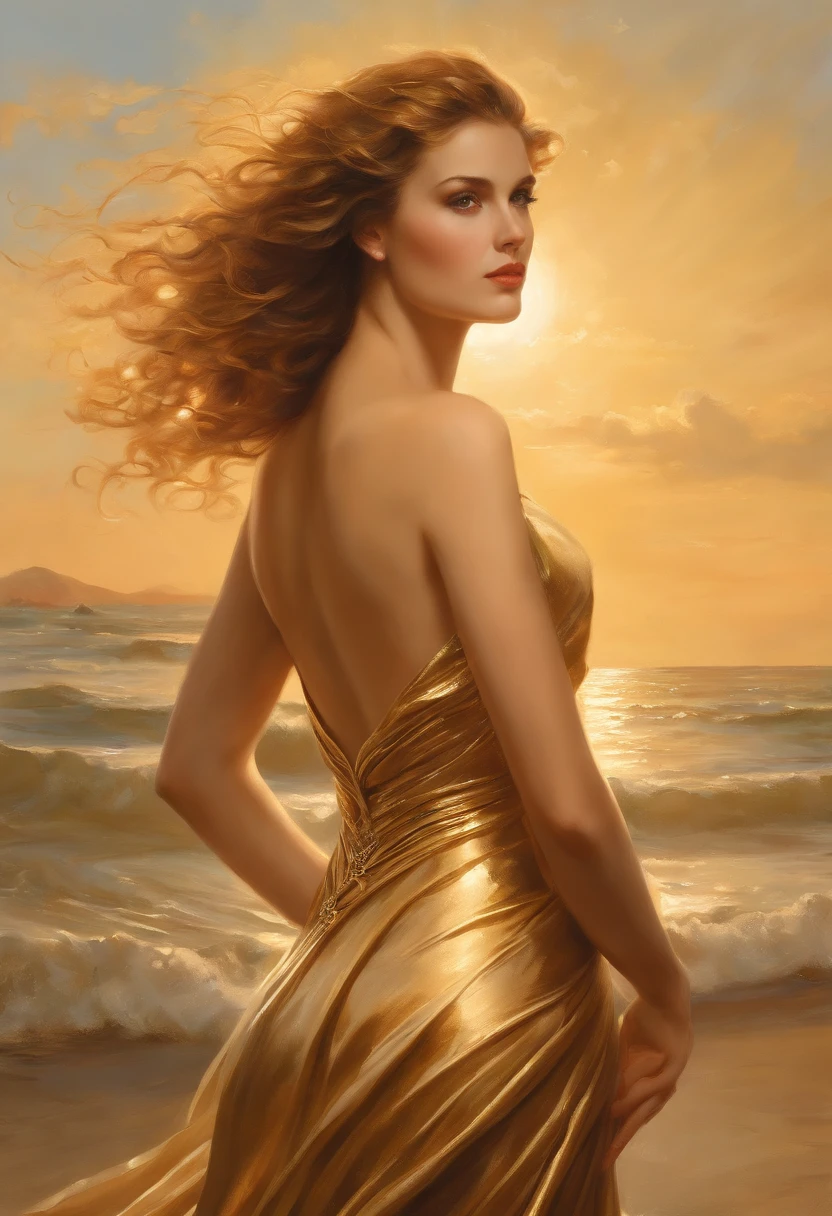 painting of a woman in a gold dress on a beach, a fine art painting inspired by Vincent Lefevre, Artstation contest winner, fantasy art, karol bak uhd, art of edouard bisson, michael whelan and karol bak, michael cheval (unreal engine, artgerm julie bell beeple, aphrodite goddess of love, albert lynch