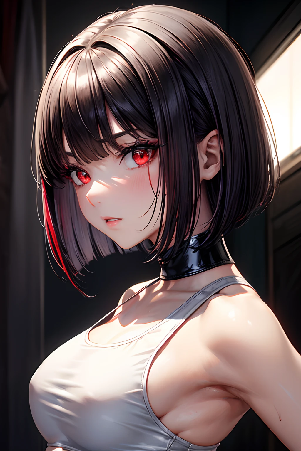 masterpiece, Best Quality, Highly detailed,
1girl,Metallic White Silver Tank Top, latex, Red interpolation color,Black Hair, Bob cut,Red Eyes,Sweat