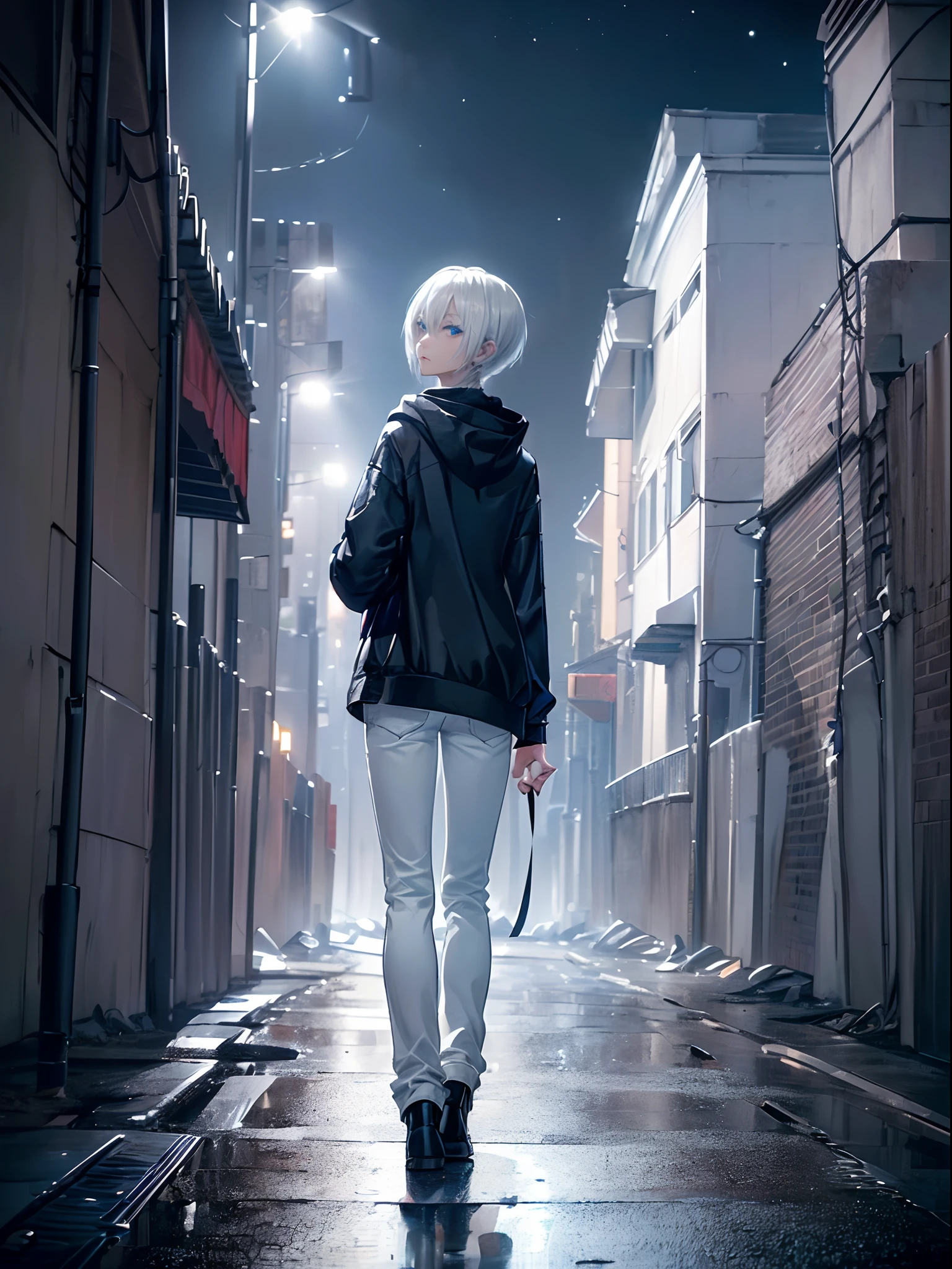 ((4K works))、​masterpiece、(top-quality)、One Beautiful Girl、Slim body、tall、((Black Y-shirt and white pants、Charming street style))、Please wear one jacket、Wearing a hood to hide his face、(Detailed beautiful eyes)、Midnight Walk、During the walk、((Walking under a dark sky))、saddened、suffocating、desolate、Solitude、((Pitch black night road))、((Face similar to Carly Rae Jepsen))、((Short-haired white hair))、((Smaller face))、((Neutral face))、((Bright blue eyes))、((American adult women))、((Adult female 26 years old))、((cool lady))、((Like a celebrity))、((Korean Makeup))、((elongated and sharp eyes))、((Happy dating))、((boyish))、Professional Photos、((Shot alone))、((He is on a walk))、((He is walking in front of the viewer))、((Shot so that the back of the head and back are visible))、((photographed from the back))、((He is facing forward and、I can't see my face))、horor