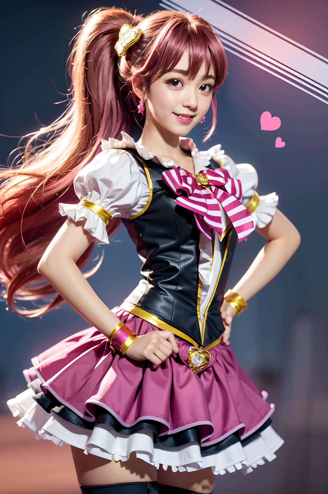 masutepiece, Best Quality, absurderes, Perfect Anatomy, 1girl in, Solo, Cure Lovely, vests, pink bows, heart brooch, Wrist cuffs, Pink skirt, Heart Hair Ornament, Puffy sleeves, Thigh boots, Hands on hips, Smile,