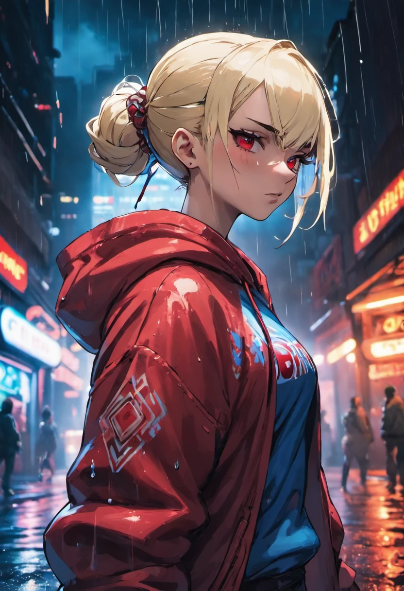 Closeup photograph, confident young cyberpunk woman with blonde and white hair in a bun, wearing a hoodie with red and blue designs on it, in a rain soaked street at night, photorealistic, cinematic lighting