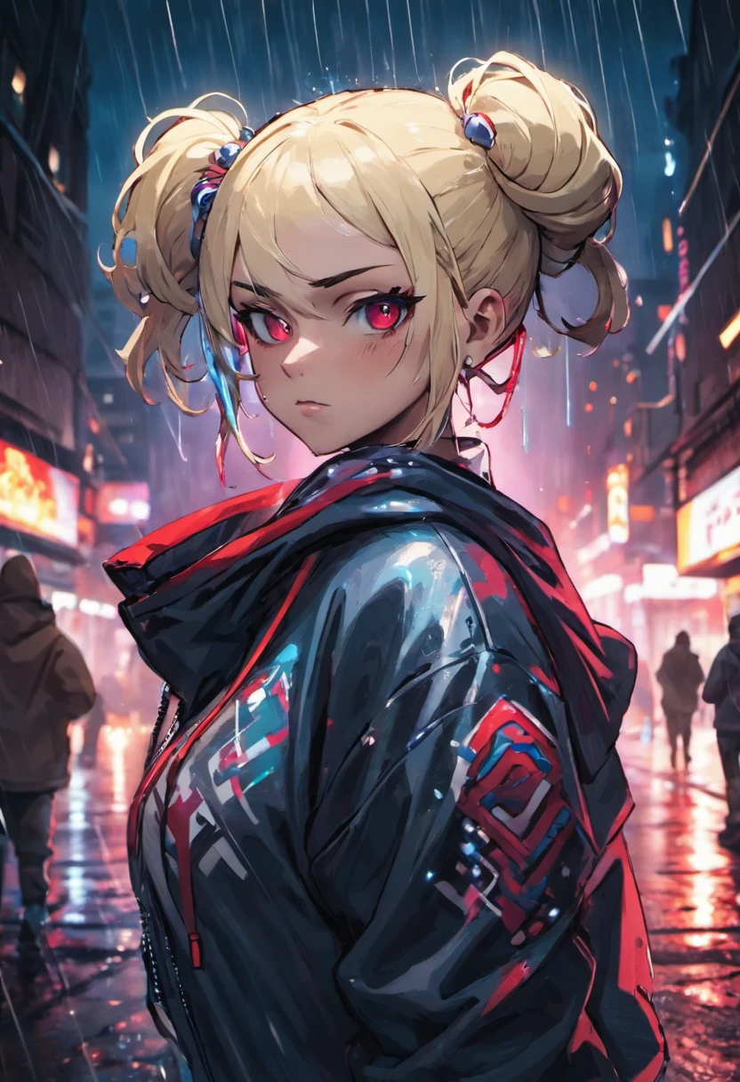 Closeup photograph, confident young cyberpunk woman with blonde and white hair in a bun, wearing a hoodie with red and blue designs on it, in a rain soaked street at night, photorealistic, cinematic lighting