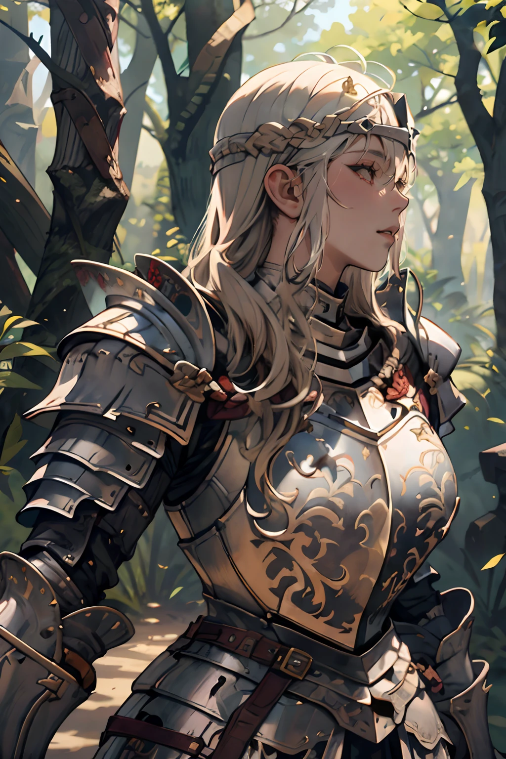 Women in Their 20s、1 persons、a close up of a woman in armor holding a sword, armor girl, Female knight, large full breasts、full armor, full armor, Gorgeous Female Paladin, Female knight, of a beautiful female knight, Beautiful armor, Plump、full armor, Armor exposure, Gorgeous full-body armor, stunning armor, Trending on ArtStation pixiv, beautiful female knight、in woods、lake