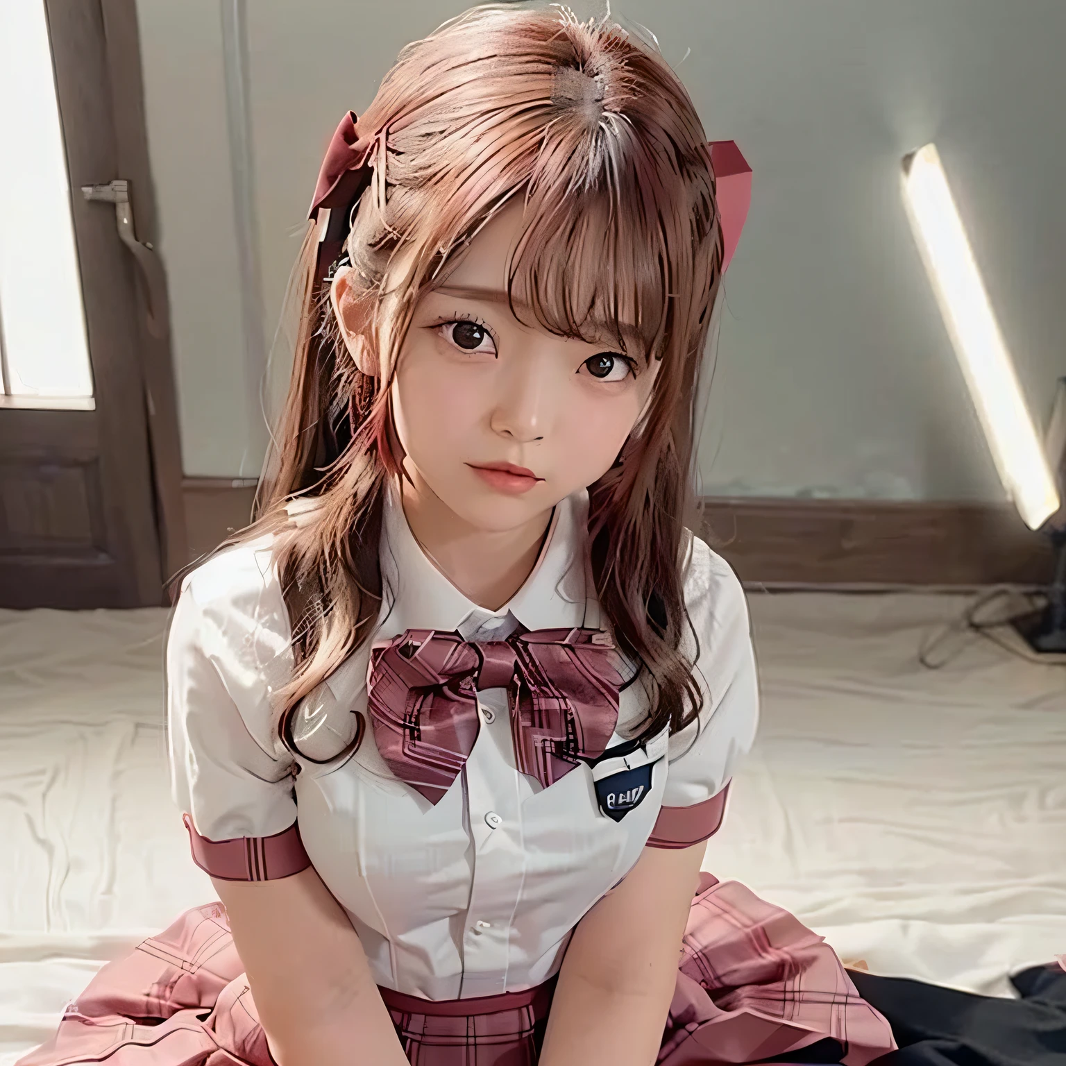 Twintail hairstyles,17 age, ((2 girls in))、(masutepiece, Best Quality:1.2), From  above, 8K, Official art, Raw photo, unbelievable Ridiculous, (Upper body, (Sailor Uniform), serafuku,  Idol face, arching back down, Pleated skirt,large full breasts:1.5、(School uniform), Short sleeve, gardenia, violaceaess, Teen, crass room, Looking at Viewer, No makeup, Film grain, chromatic abberation, Sharp Focus, face lights, Dynamic lighting, Cinematic lighting, Detailed face, Bokeh background, (Dark red bow tie:1.3)、Botanical Garden、