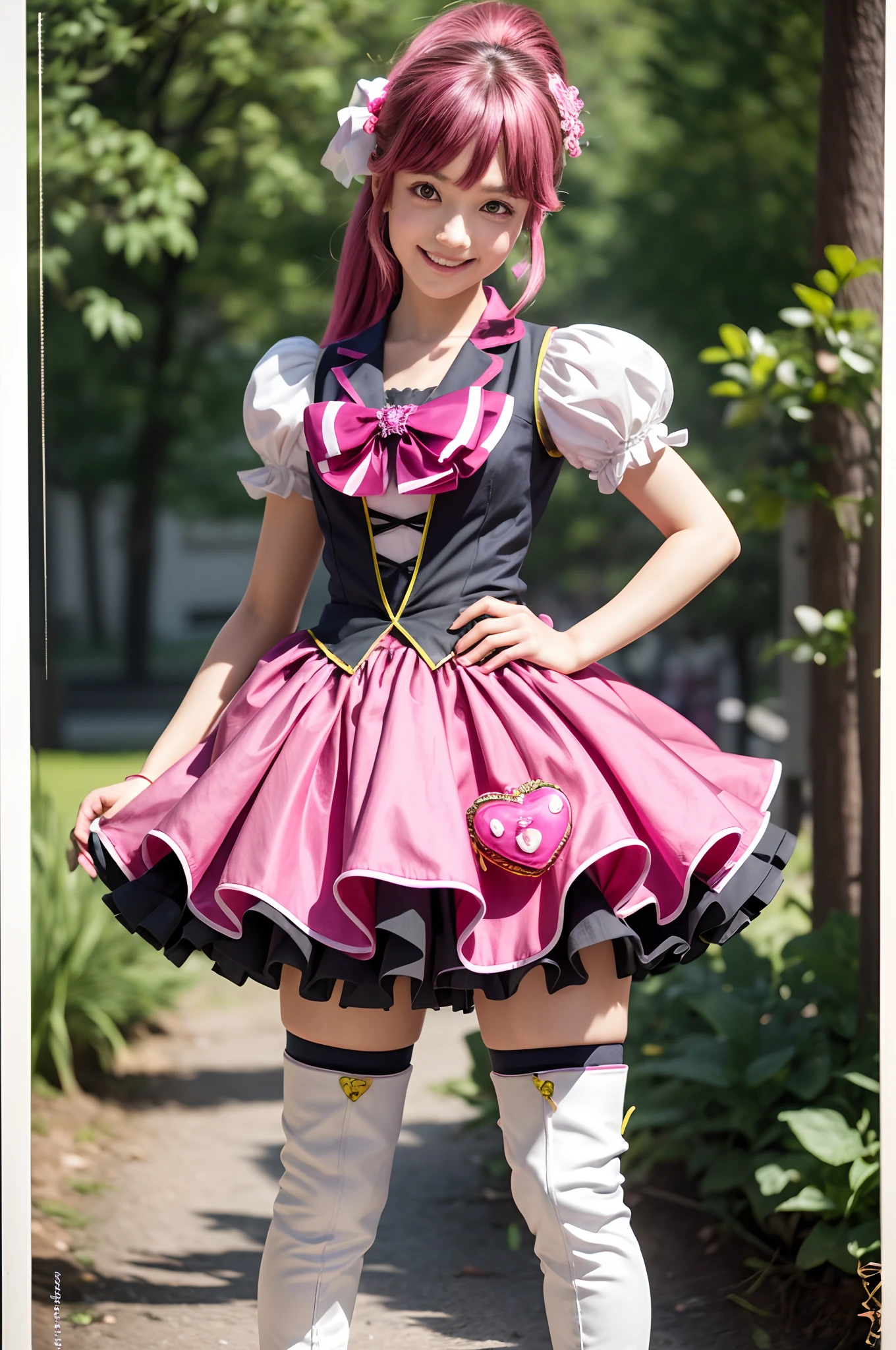 masutepiece, Best Quality, absurderes, Perfect Anatomy, 1girl in, Solo, Cure Lovely, vests, pink bows, heart brooch, Wrist cuffs, Pink skirt, Heart Hair Ornament, Puffy sleeves, Thigh boots, Hands on hips, Smile,