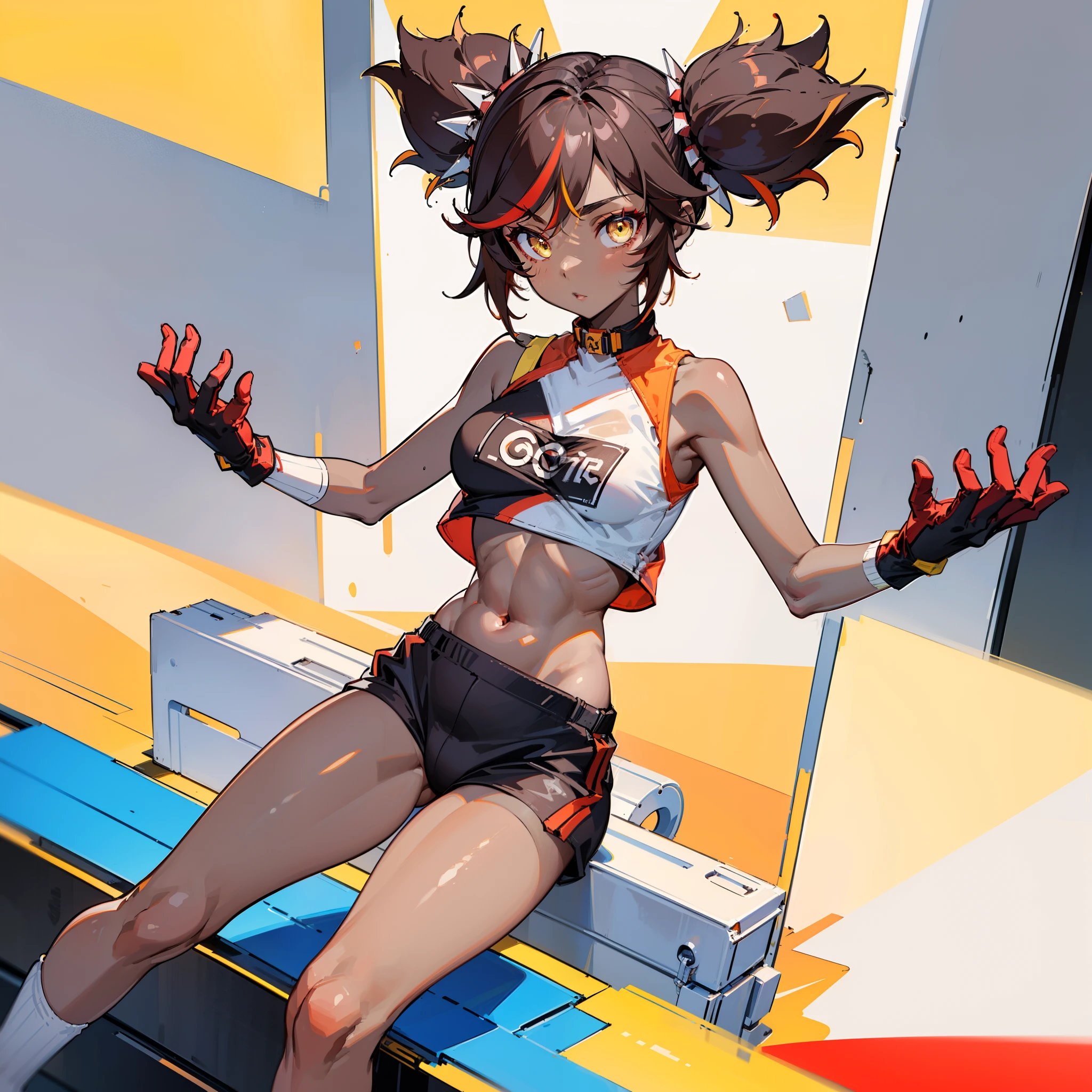(Materpiece, complete body, best quality, good anatomy) 1 girl, solo, xinyan, tanned skin, brown hair, yellow eyes, box gloves, red top, black pants, white platform sneakers, bocing, red boxing bag, gym colorful, day