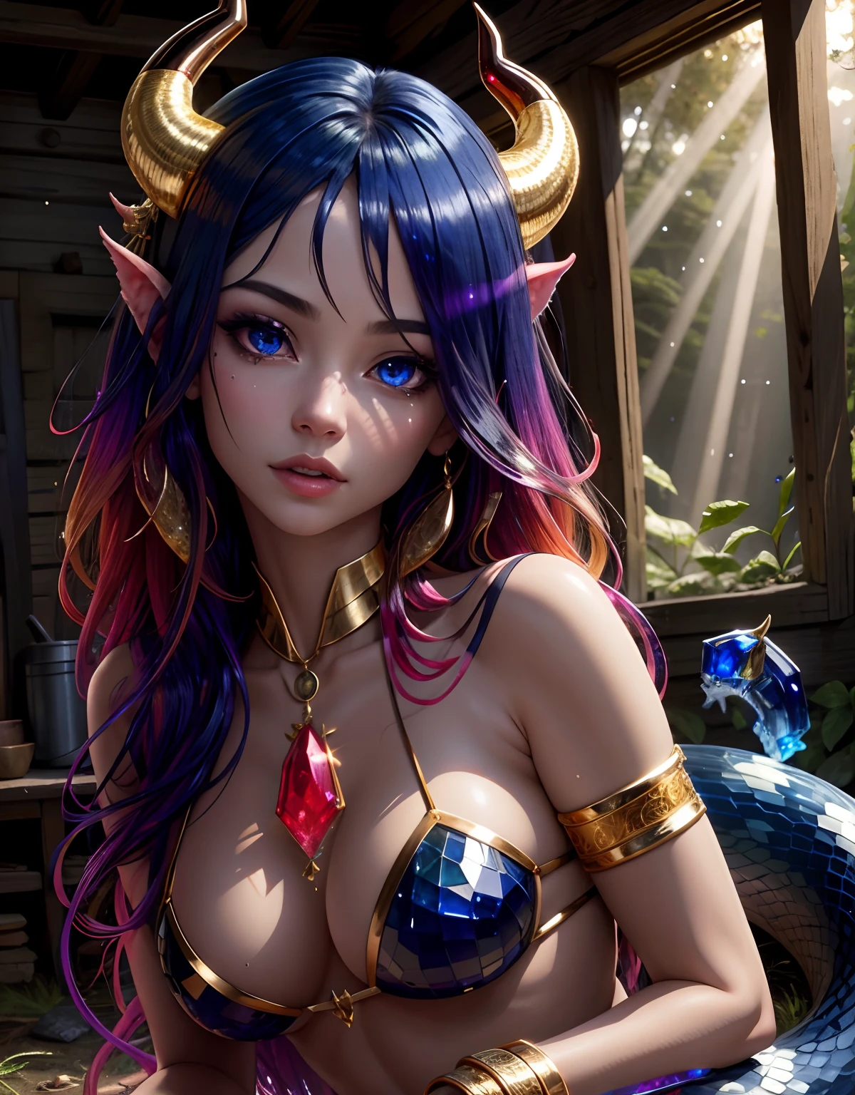 detailed snake skin, (Adult ), solo focus, (lamia), stoic, monster girl, (short horns), beautiful eyes, beautiful background, abandoned cabin, forest, light particles, sun rays, dramatic lighting, outside, grass, leaves, shiny (sapphire, ruby, gold gradient:1.5), realistic, masterpiece, best quality, ultra-detailed, detailed, scenery, beautiful detailed eyes, detailed hair