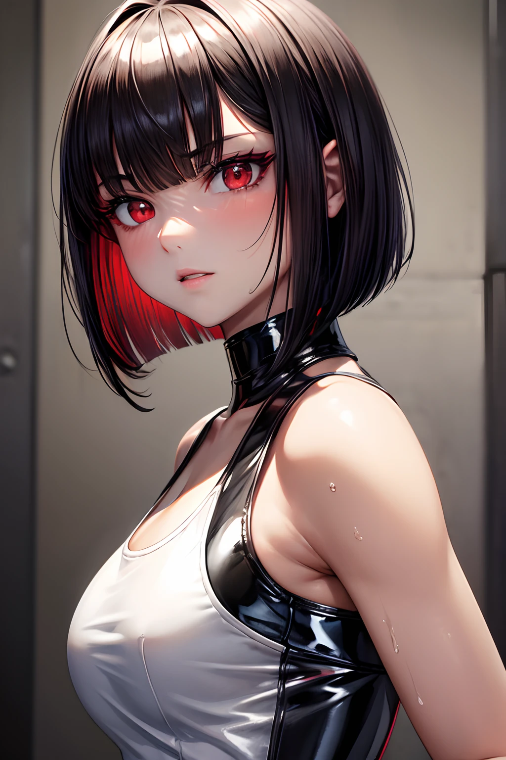 masterpiece, Best Quality, Highly detailed,
1girl,Metallic White Silver Tank Top, latex, Red interpolation color,Black Hair, Bob cut,Red Eyes,Sweat