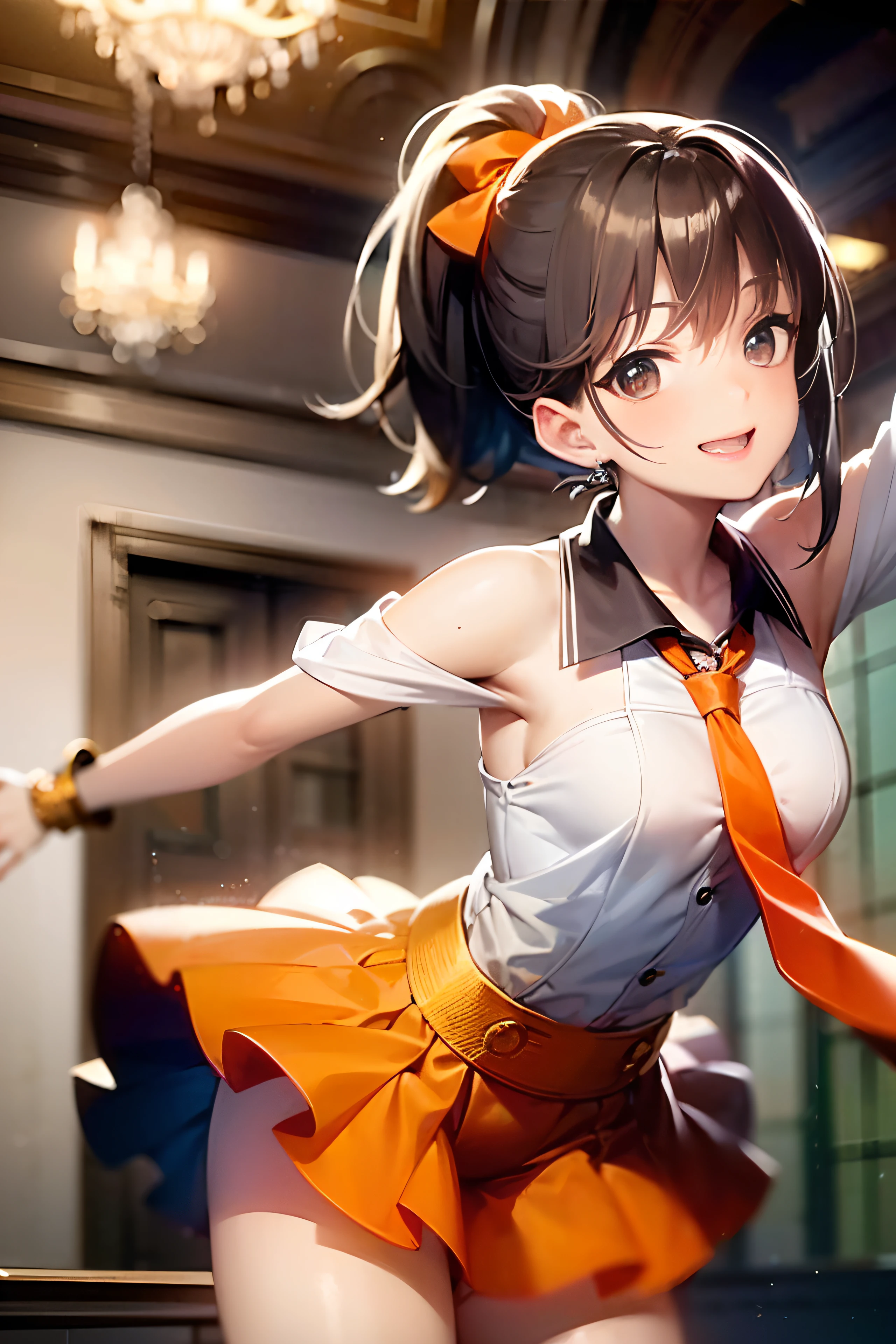 ((Dance costumes:1.5)), ((The costume is glossy white)), skirt by the, ((In Kyoto Animation Style)), masutepiece, Professional Lighting, Detailed face, Detailed eyes, super precision, Extremely beautiful, Princess Face, 1 girl, Sexy Girl, ((Solo:1.5)), 20 years old, ((Cowboy Shot:1.5)), Dynamic Poses, Cute face, Boyish girl, ((Dark hair)), ((shorth hair:1.5)), Straight hair, Dark hair, Short ponytail, Black eyes, ((Smaller breasts)), BREAK, ((Plain orange tie:1.5)), Party Venue, chandeliers, A smile, ((Dancing)),
