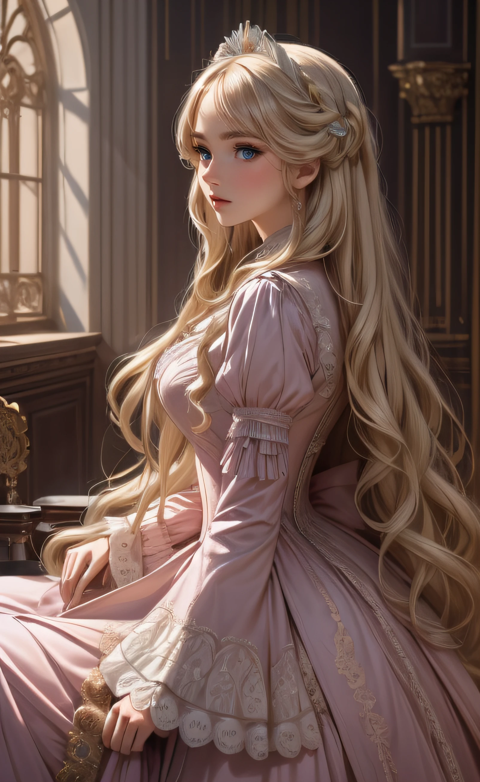 (masterpiece,best quality,ultra_detailed,highres,absurdres) (detailed shadow) (quality light),1 (mature) female, 17, female focus, solo, long blonde hair , blue eyes (detailed eyes), full body, long flowy hair, looking at viewer, lively, fantasy, noblewoman, victorian era background (detailed background), pink  gown