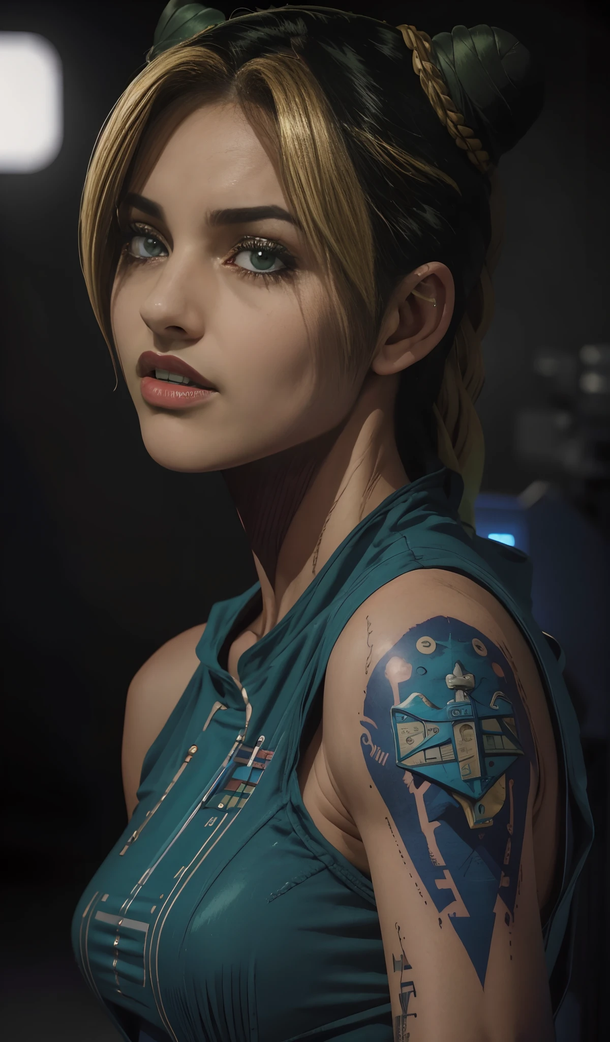 olyne Cujoh, cinematographic, 8k, Realistic, vestido, Tatuagens, melhor qualidade, ultra-detalhado, retrato, cores vibrantes, Cinematic lighting