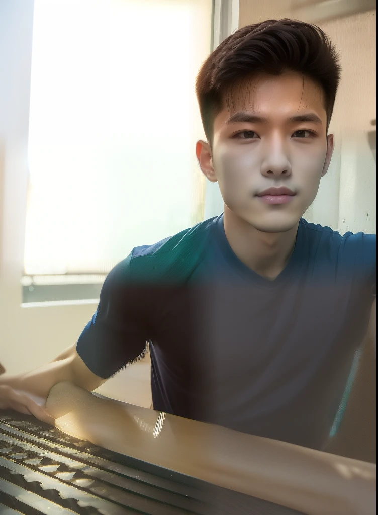 Man in his 20s poses for a photo, Wear a navy shirt................., high-res, master-piece, bestquality, head:1.3,((Hasselblad photography)), finely detailed skin, crisp focus, (Cinematic lighting), nighttime, gentle lighting, dynamic angle, [:(detailed face:1.2):0.2],(((exercise))), outside