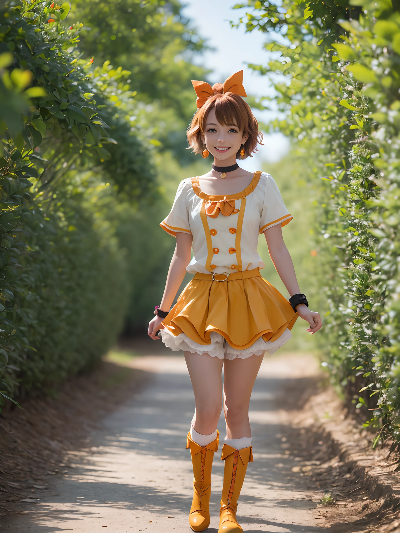 masutepiece, Best Quality, Looking at Viewer, depth of fields, Walking, Smile,
1girl in, Cure Pine, Precure, One side up, Short hair, Hair Ribbon,  frilld, Short sleeves, Wrist cuffs, orangechoker, Orange boots, yellow_Skirt,