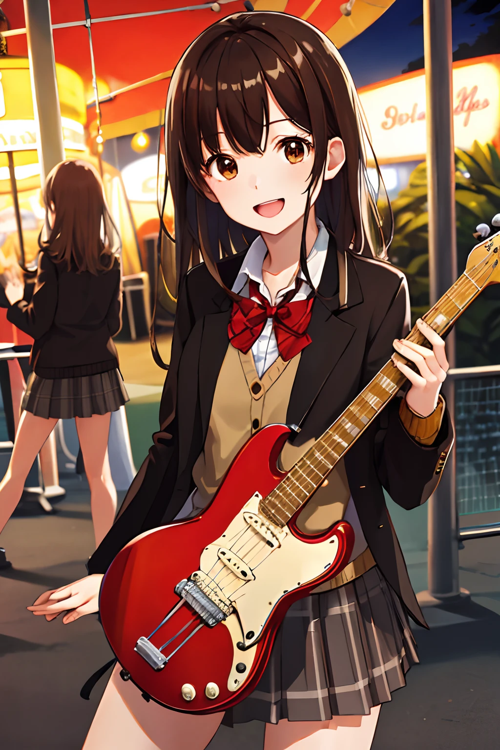 ​masterpiece, top-quality, hight resolution, 3girl, Playing the guitar, Singing, brown haired, length hair, bangss, brown-eyed, medium chest, red bowtie, 校服, Black jacket, Open jacket, Brown cardigan, white  shirt, a black skirt, Plaid skirt, a smile, open open mouth, Arms behind, Slouched, An amusement park, merry-go-round