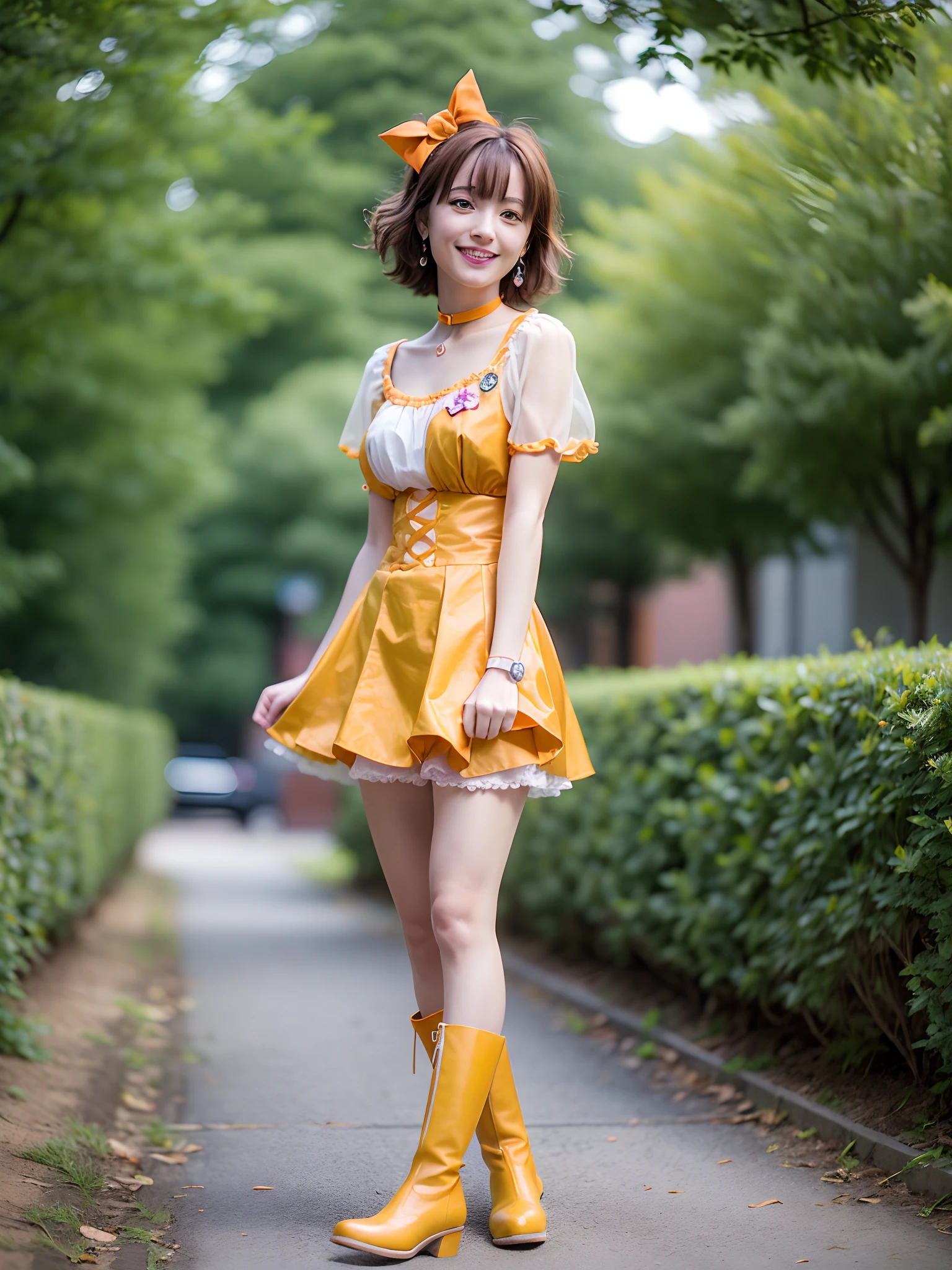 masutepiece, Best Quality, Looking at Viewer, depth of fields, Walking, Smile,
1girl in, Cure Pine, Precure, One side up, Short hair, Hair Ribbon,  frilld, Short sleeves, Wrist cuffs, orangechoker, Orange boots, yellow_Skirt,