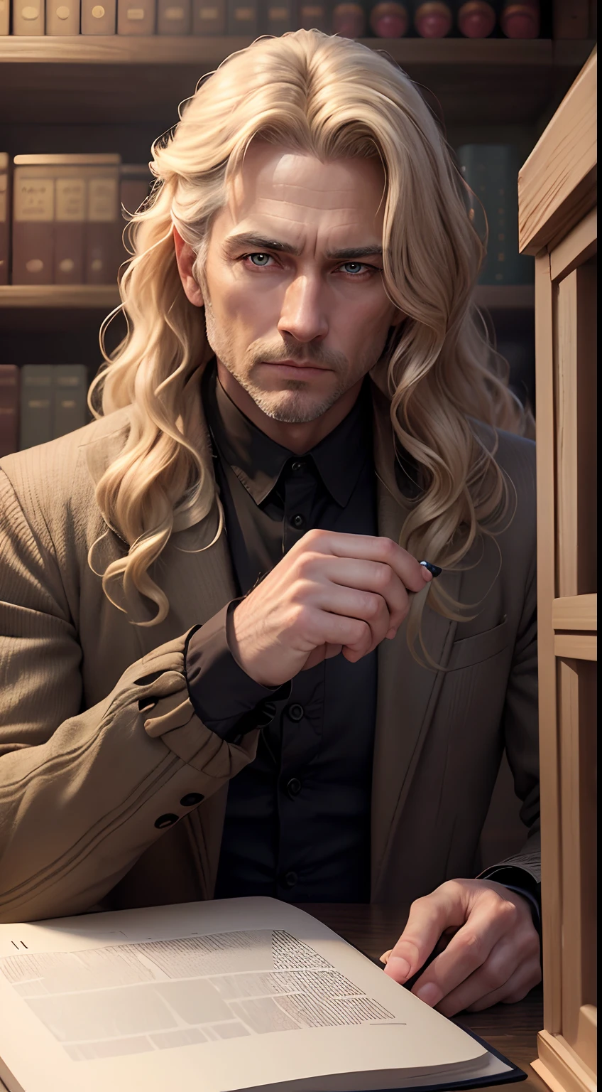 Photo of a 45-year-old man, beautiful blonde hair ((model)) baron, Look forward and sit, Light brown eyes, Wavy hair, Very imposing, Features of safety and elegance, ((Wear Palito good allies)), (hypnotic), Very detailed face, Beautiful eyes, [body fitness],Holding a book is clearly a Bible，Behind the bookshelf, Lovely,  (Rembrandt lighting), ZEISS lens, Ultra photo realsisim, (Highly detailed skin: 1.2), 8K  UHD, Digital SLR, Dramatic Rim light, High quality, Fujifilm XT3,