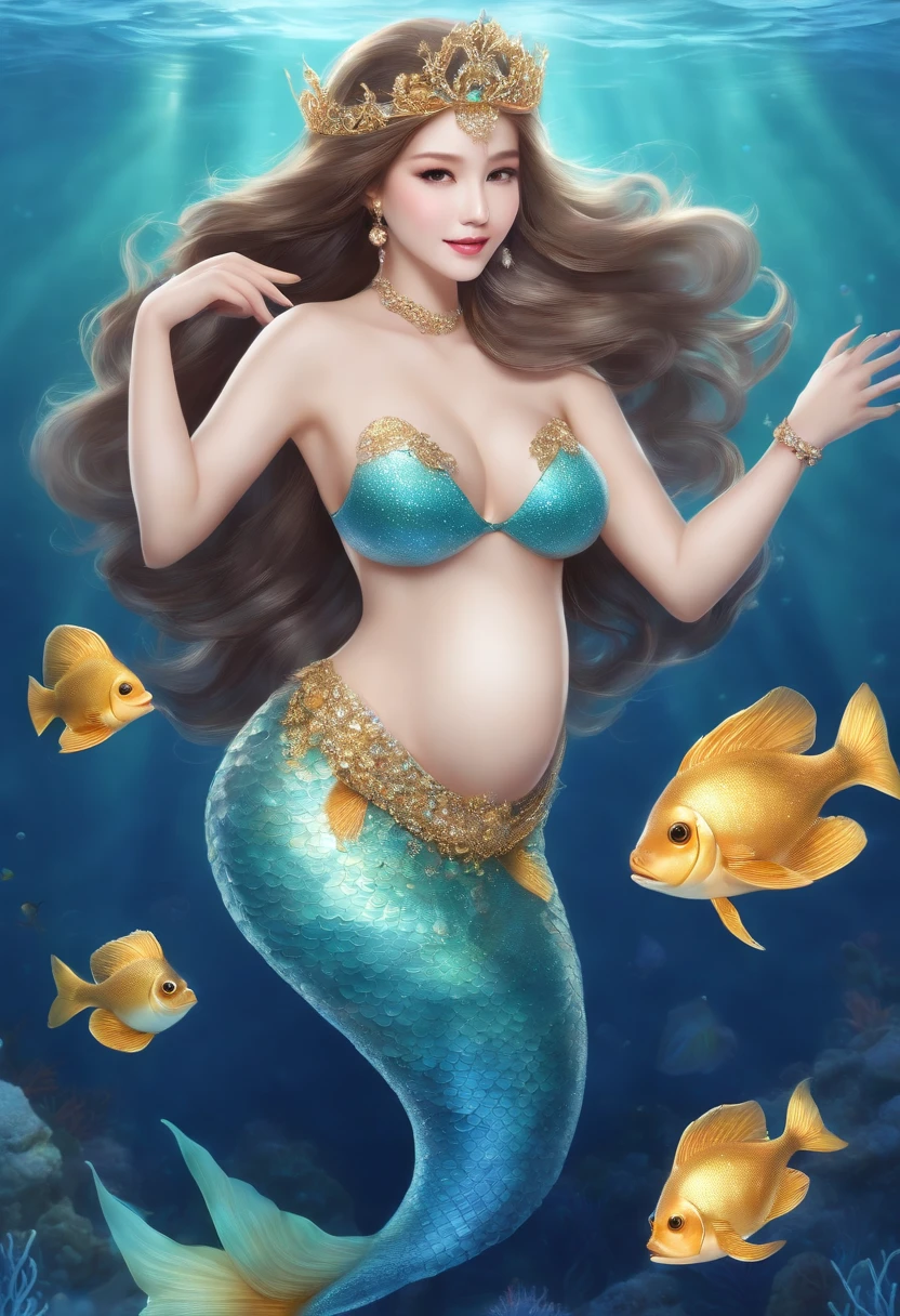 ((late pregnancy,bra wear,A detailed face,face perfect,beautiful smiling face,8K,Top image quality,the presence of scales on the arms,,Full mermaid tail,The lower body is completely the body of a fish,,the lower body is completely covered with scales,,Scales around the waist,Gradation of scales and skin,Mermaid tail,Wear the finest gorgeous bras,Wearing a bra,Her whole body,Little Mermaid,Princess,Pregnant,Very big belly,Mermaid in Japan,japanese beauty girl,Photograph the whole body,\The whole body is shown,Her whole body,Panoramic view of the tail,Whole tail)),(((From the upper arm down there are scales.,the presence of scales on the arms,,,,Beautiful blue and gold decoration,Blue and gold decoration all over the body,There are thin scales around the stomach,the presence of scales around the belly,,,,Beautiful scale gradients,Glittering scales,Realistic scale,Pearls and jewel-encrusted scales,))),((Beautiful fins,Sparkling tiara,Lots of gems,Giant Tiara,glitter makeup,Gorgeous bracelets,Gorgeous earrings,Huge necklace,Gorgeous Rings,The boundary between humans and fish is a gradation of scales and skin color,Realistic gradients of scale and skin tone,segment々Transformation of scales into a flesh color)),(((Shining water,She is swimming in the sea,swimming through the ocean,Her whole body is visible,Beautiful lots of coral and tropical fish in the background, Sunlight shines in, Hair swaying in the water,The sea sparkles like a jewel,Detailed sea, Fine shine,Glittering Sea,Glittering background)))((Big smile,Quality and beautiful face,,Perfect fingers,Perfect hands,Accurate five-finger,Smile at the camera's gaze,Perfect gas chamber,perfect white teeth,Clean teeth,Precise teeth,Colossal tits))glistning skin,pretty skin,masutepiece, (highdetailskin:1.2),8K、Ulutra HD, Digital SLR, hightquality, hight resolution