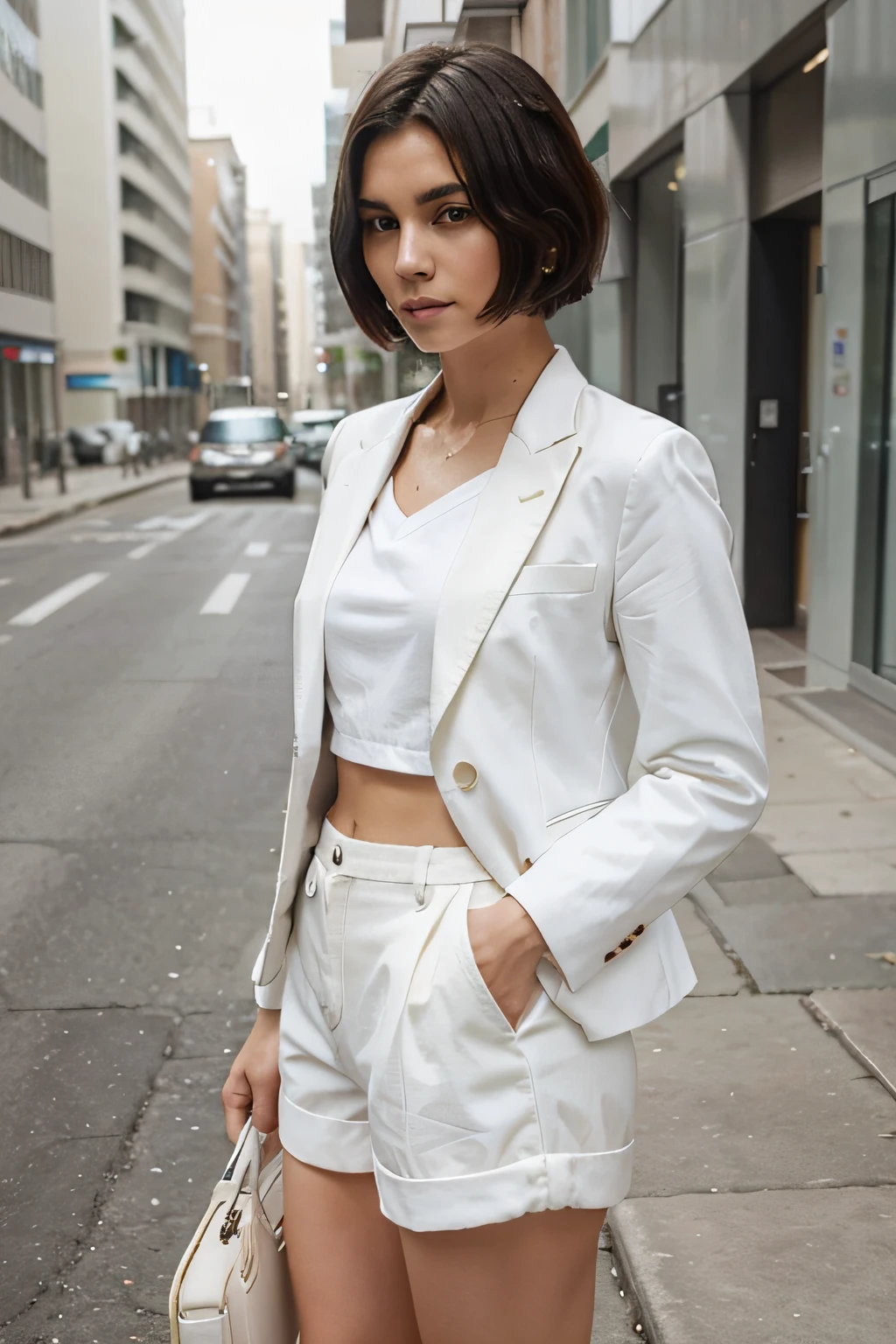 Clean bob to look good in white tailored jacket × shorts fashion