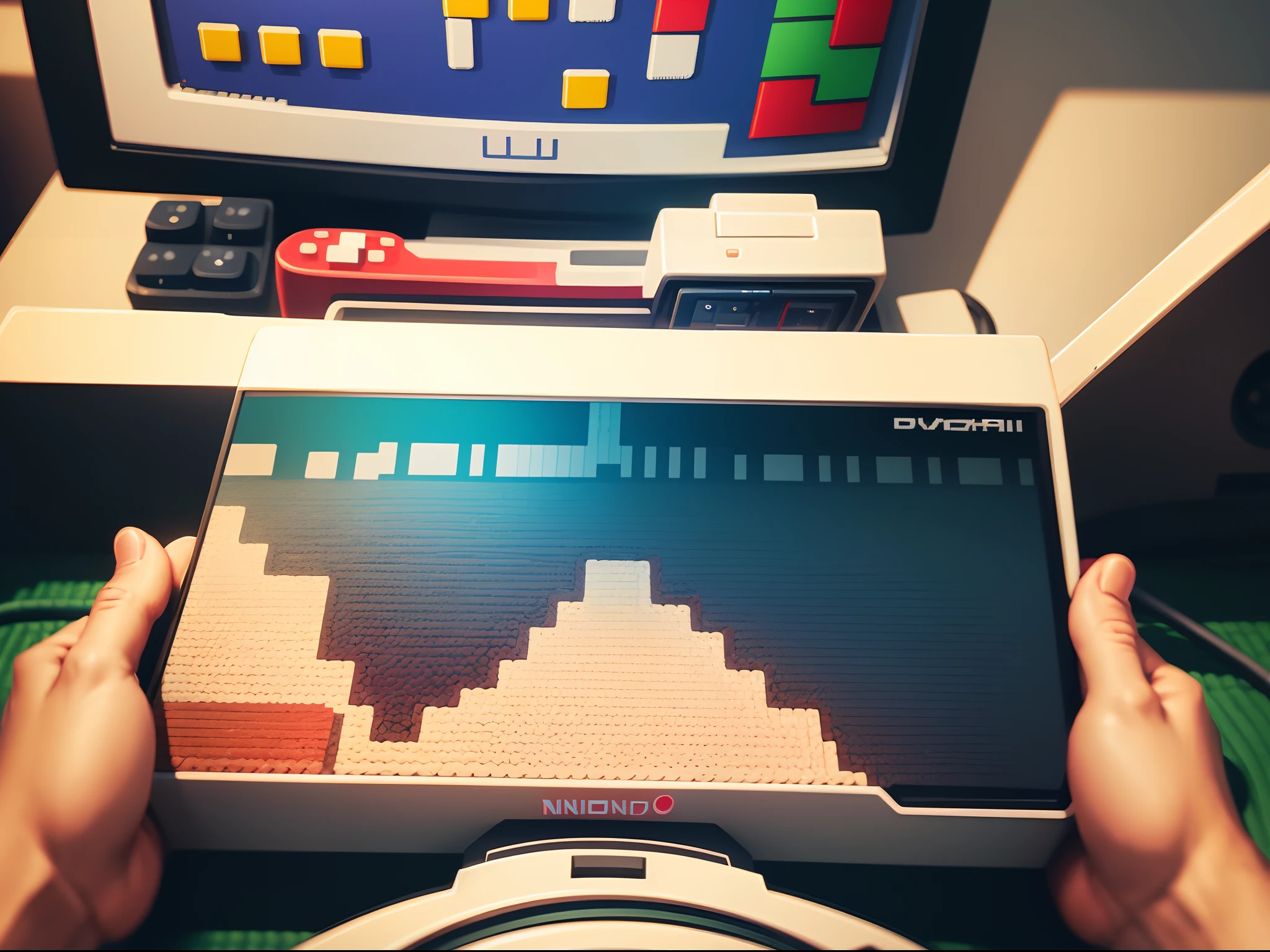 a close up of a game machine with a pixel design on it, pixel art inspired by Mario Cooper, deviantart, pixel art, 1 0 0 0 x 1 0 0 0 pixel art, videogame background, retro nintendo bitmap pixel art, pc wallpaper, 1 - bit, 8 bit, 8bit, video game digital art, computer wallpaper, 8bits videogame --auto