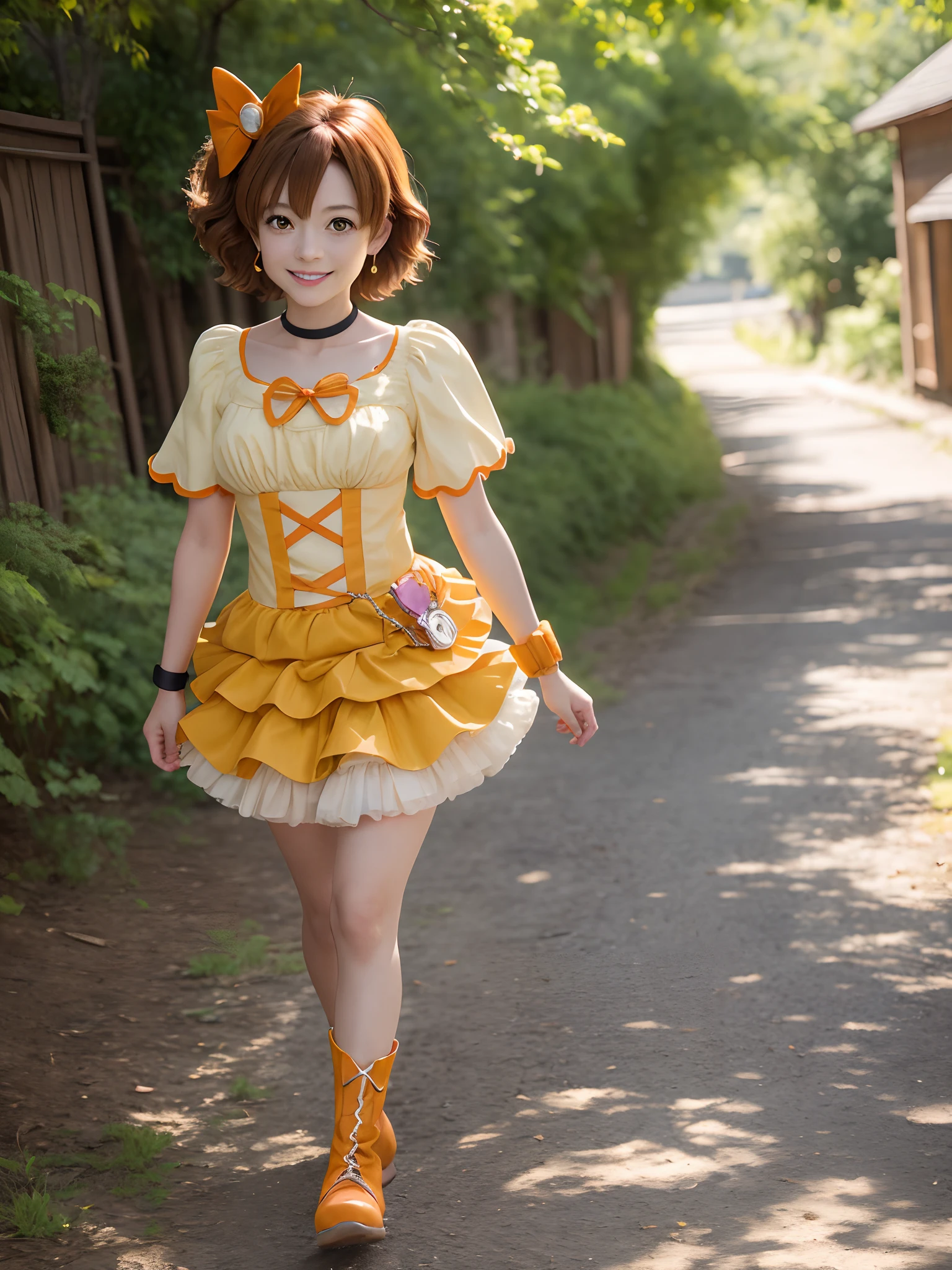 masutepiece, Best Quality, Looking at Viewer, depth of fields, Walking, Smile,
1girl in, Cure Pine, Precure, One side up, Short hair, Hair Ribbon,  frilld, Short sleeves, Wrist cuffs, orangechoker, Orange boots, yellow_Skirt,