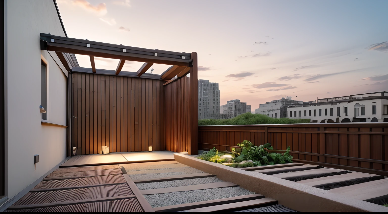 RAW photo, Masterpiece, high quality, best quality, authentic, super detail,(rooftop:1.3), apartment balcony, city view, (meditation space:1.3), zen garden, retractable roof pergola, wood, (stone wall:1.1), iron railing, (zen path:1.4), vegetable patch, day ight, 8k uhd, dslr, soft lighting, high quality, photography shot with Leica CL with Leica Summilux-TL 35mm f-1.4 ASPH