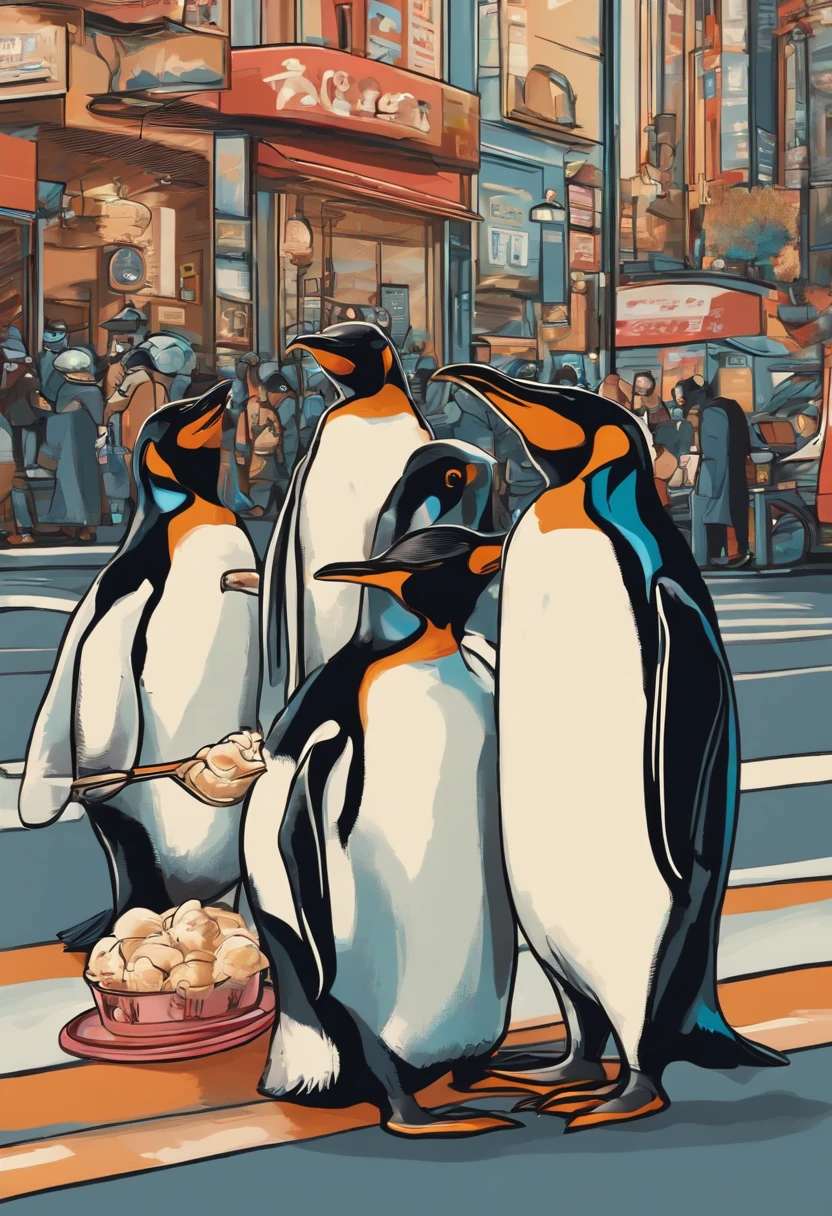 Penguins eating ice cream in the streets of Shibuya