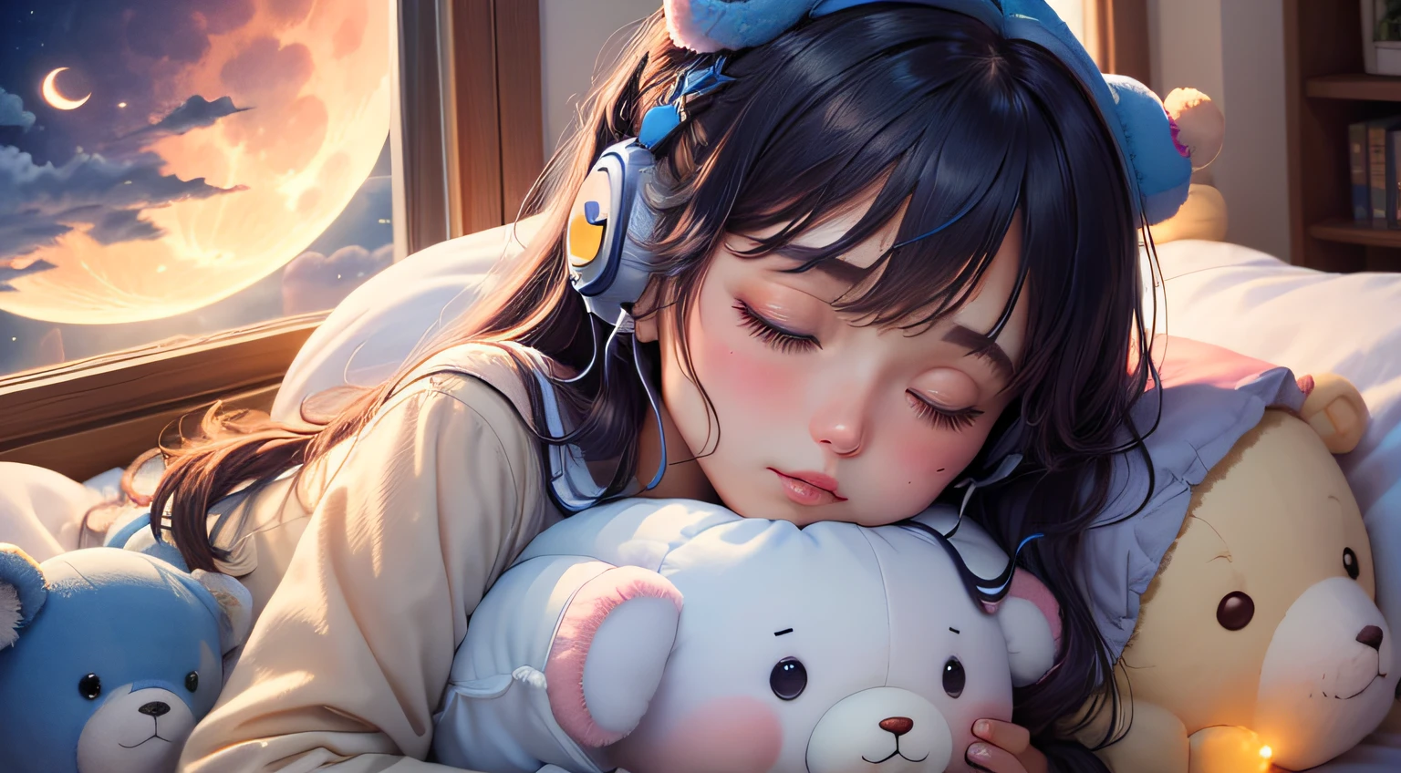 colorful、on badroom、night、Big Moon、realistic、The girl is sleeping、Only one stuffed animal、超A high resolution
