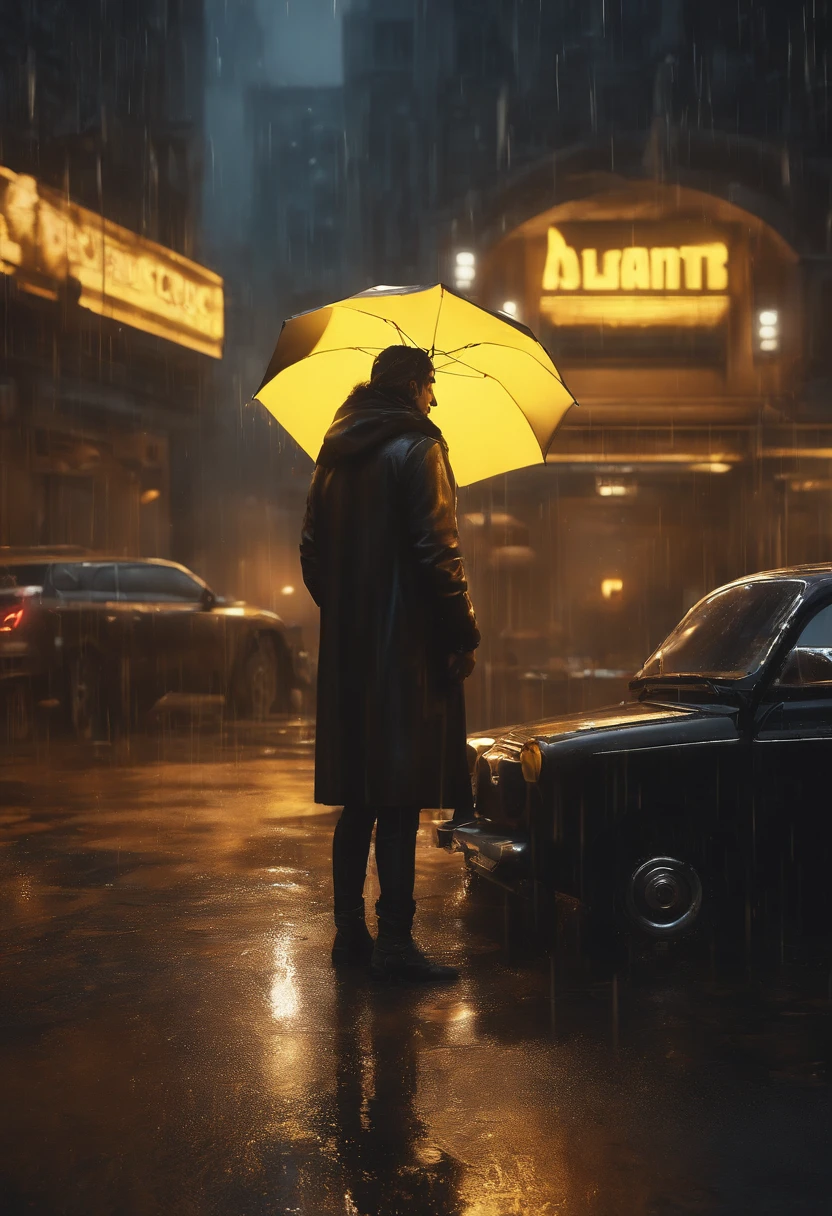 (Professional 3D rendering:1.3) of (Realistic:1.3) The most beautiful light movies in the world, Mysterious lion wounded,wild, With cyberpunk-style implant technology, stay overnight, In the pouring rain, In the heart of the metropolis., Wet surface with water droplets. Avante gar's design style inspired by squares and yellow and black curves(intricate:1.4), deteriorate, (high-detail:1.4), Digital Painting, Octane display, art station, Concept-Art, smooth, crisp focus, illustration, Germs from art, (loish:0.23), Wlop Ilya Kuvshinov, Greg Rutkowski Alphonse Mucha Gracias, (Global ilumination, Studio Light, Light volume), heavy rain, floating particles, badass, fantasy, our, full entire body, ((Dark and ancient city background:1.3)),CGSesocieda.,